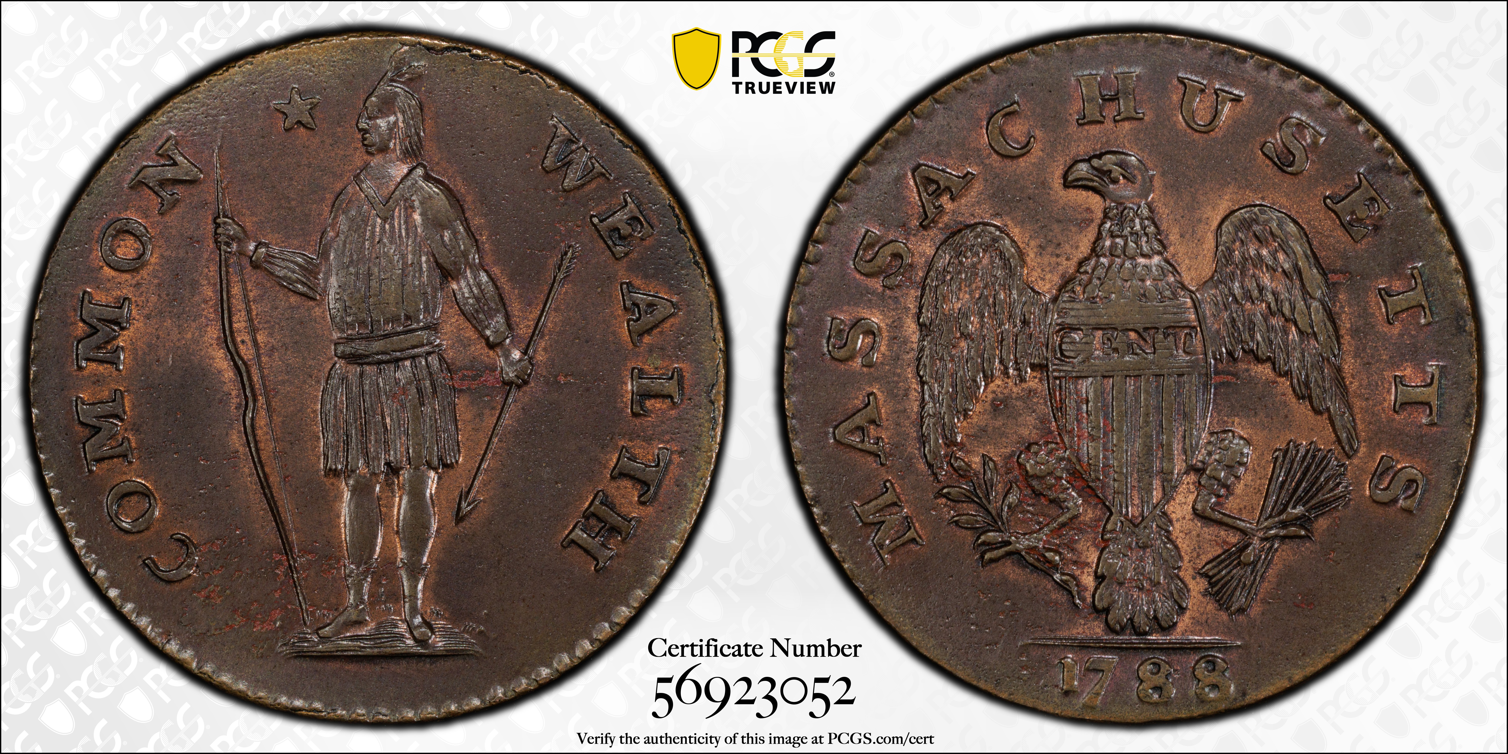 image for: 1788 Massachusetts Cent. Ryder 6-N, W-6240. Rarity-3-. No Period After MASSACHUSETTS. Unc Details--Altered Surfaces (PCGS).