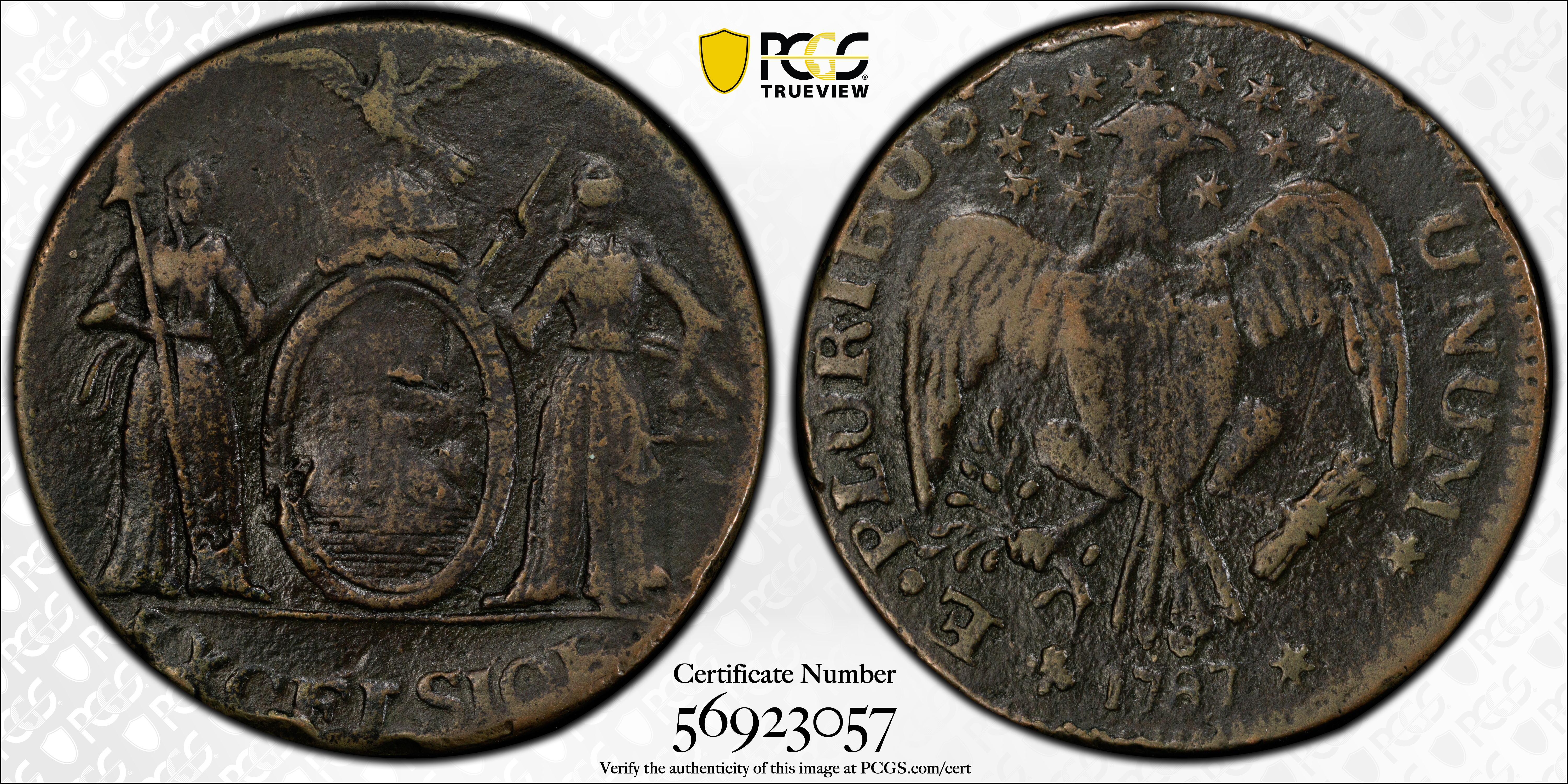 image for: 1787 Excelsior Copper. W-5785. Rarity-6. Eagle on Globe Facing Left. EF Details--Bent (PCGS).