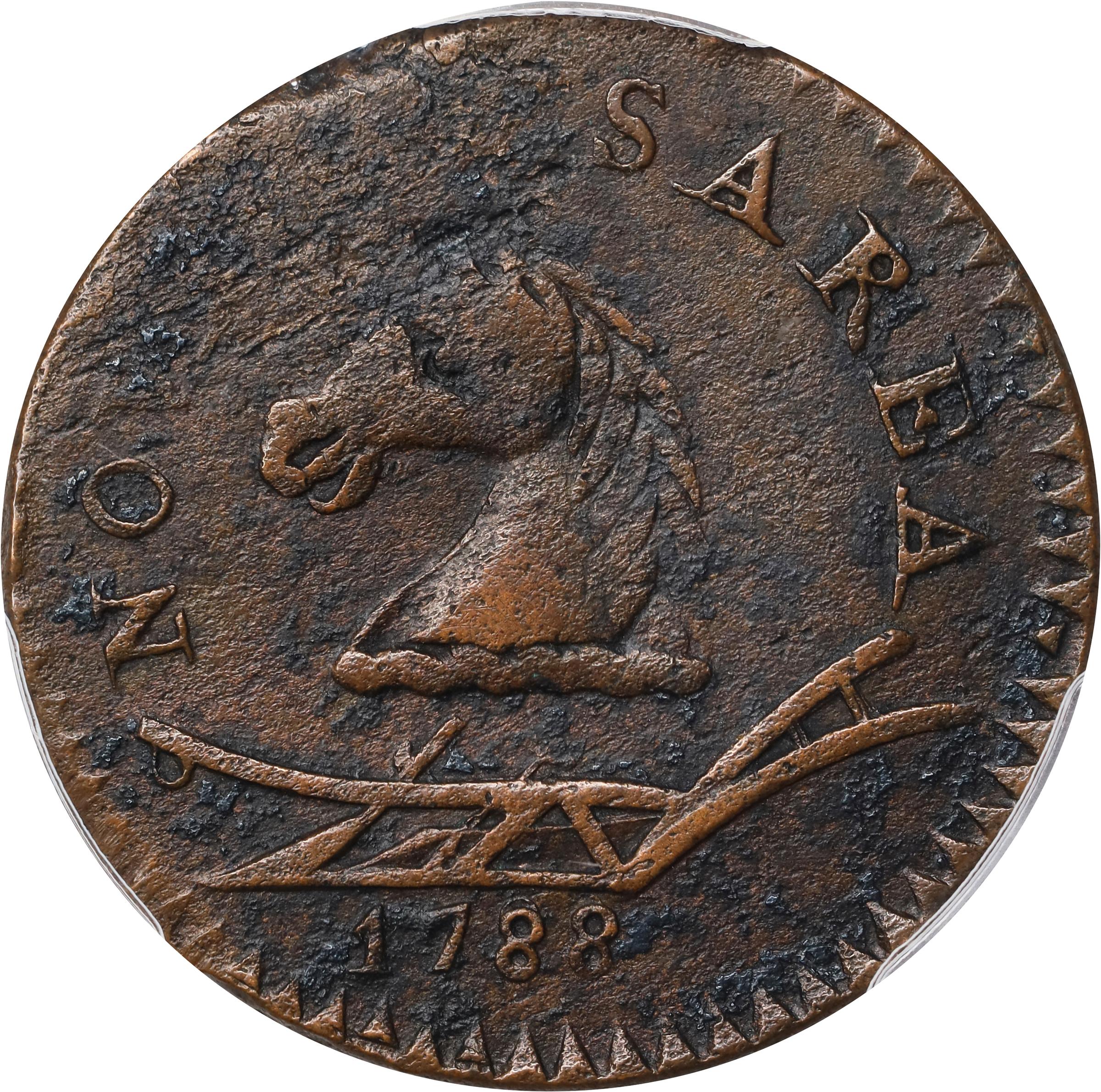 image for: 1788 New Jersey Copper. Maris 50-f, W-5475. Rarity-3. Head Left. AU Details--Environmental Damage (PCGS).