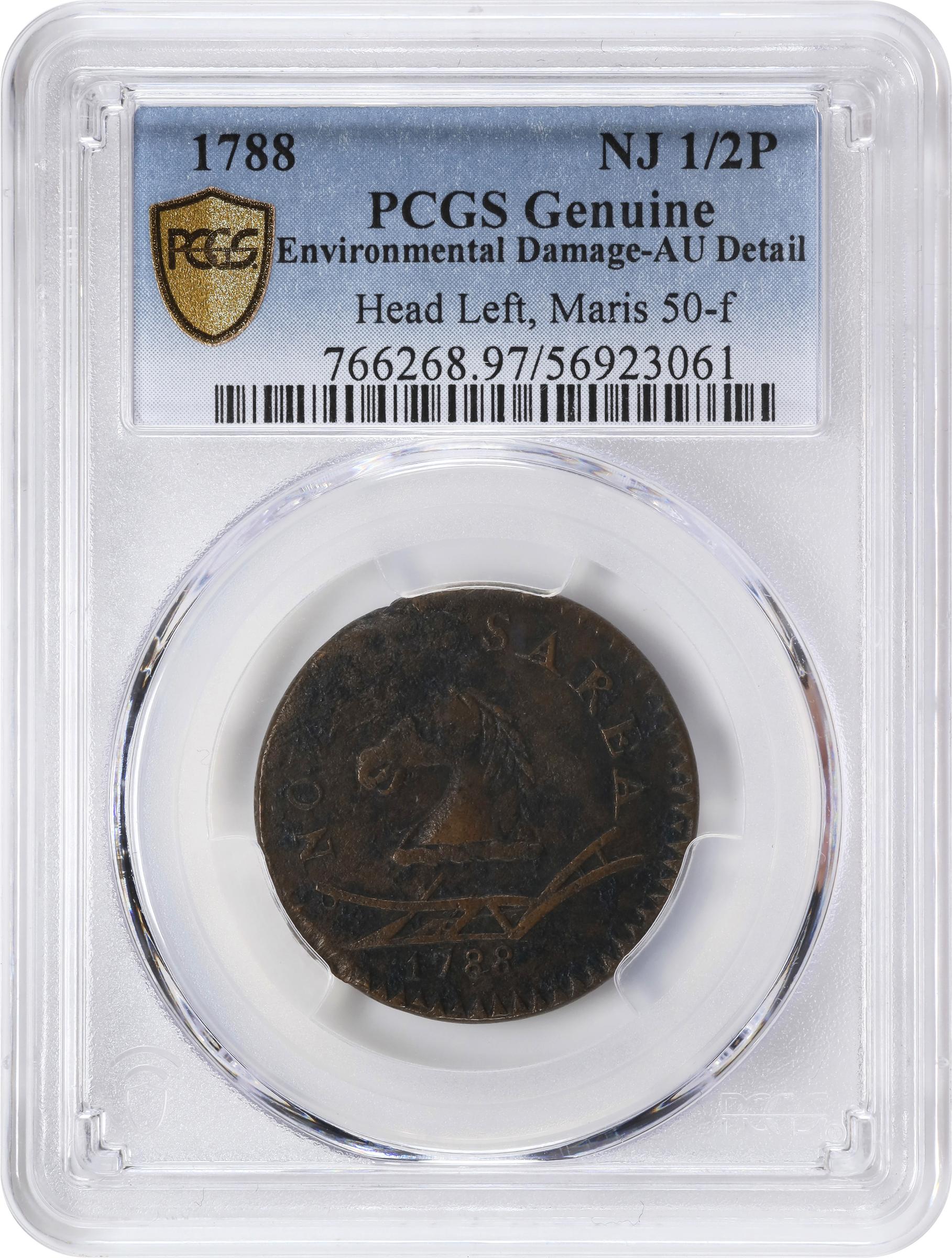 image for: 1788 New Jersey Copper. Maris 50-f, W-5475. Rarity-3. Head Left. AU Details--Environmental Damage (PCGS).