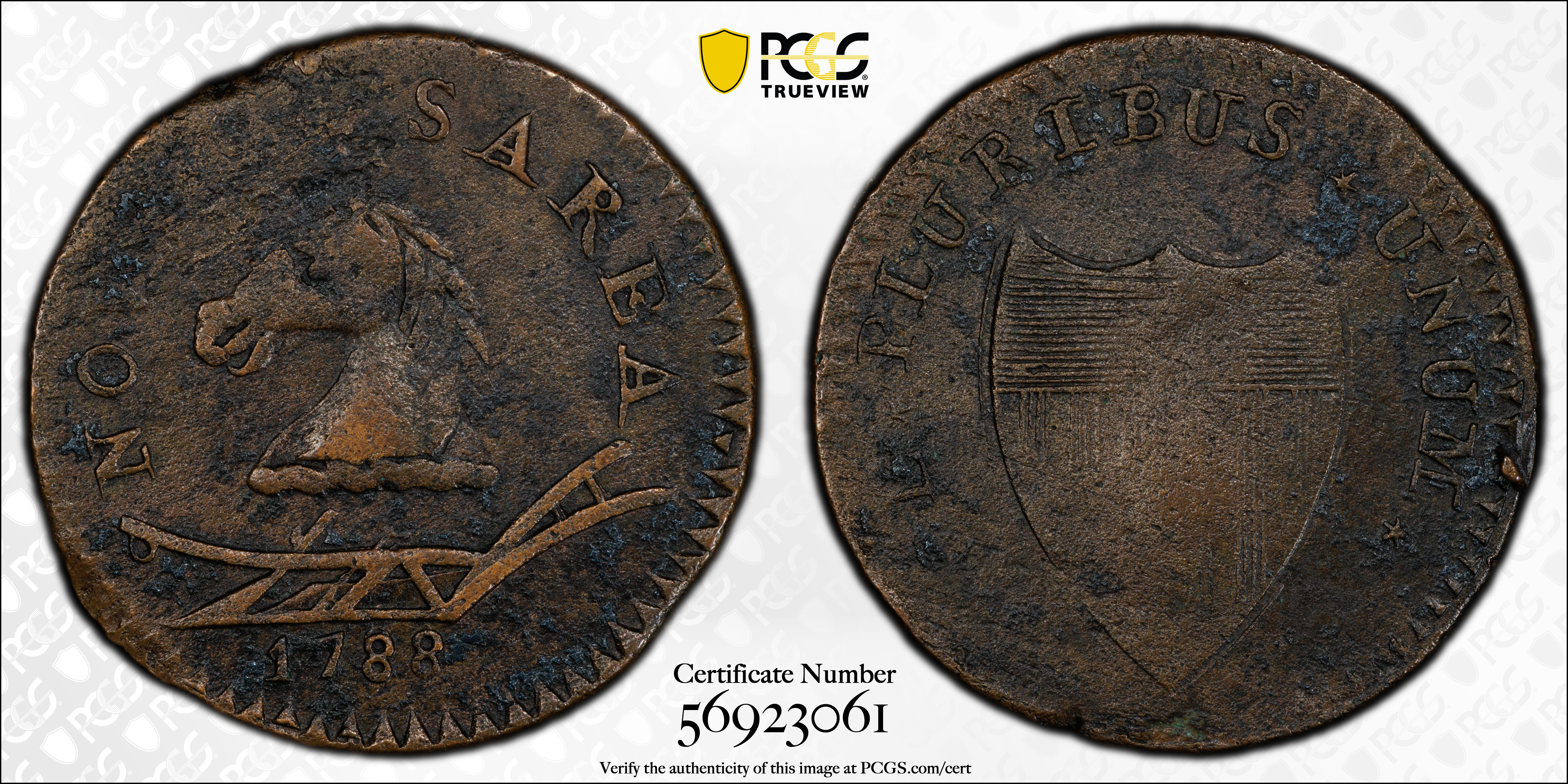 image for: 1788 New Jersey Copper. Maris 50-f, W-5475. Rarity-3. Head Left. AU Details--Environmental Damage (PCGS).