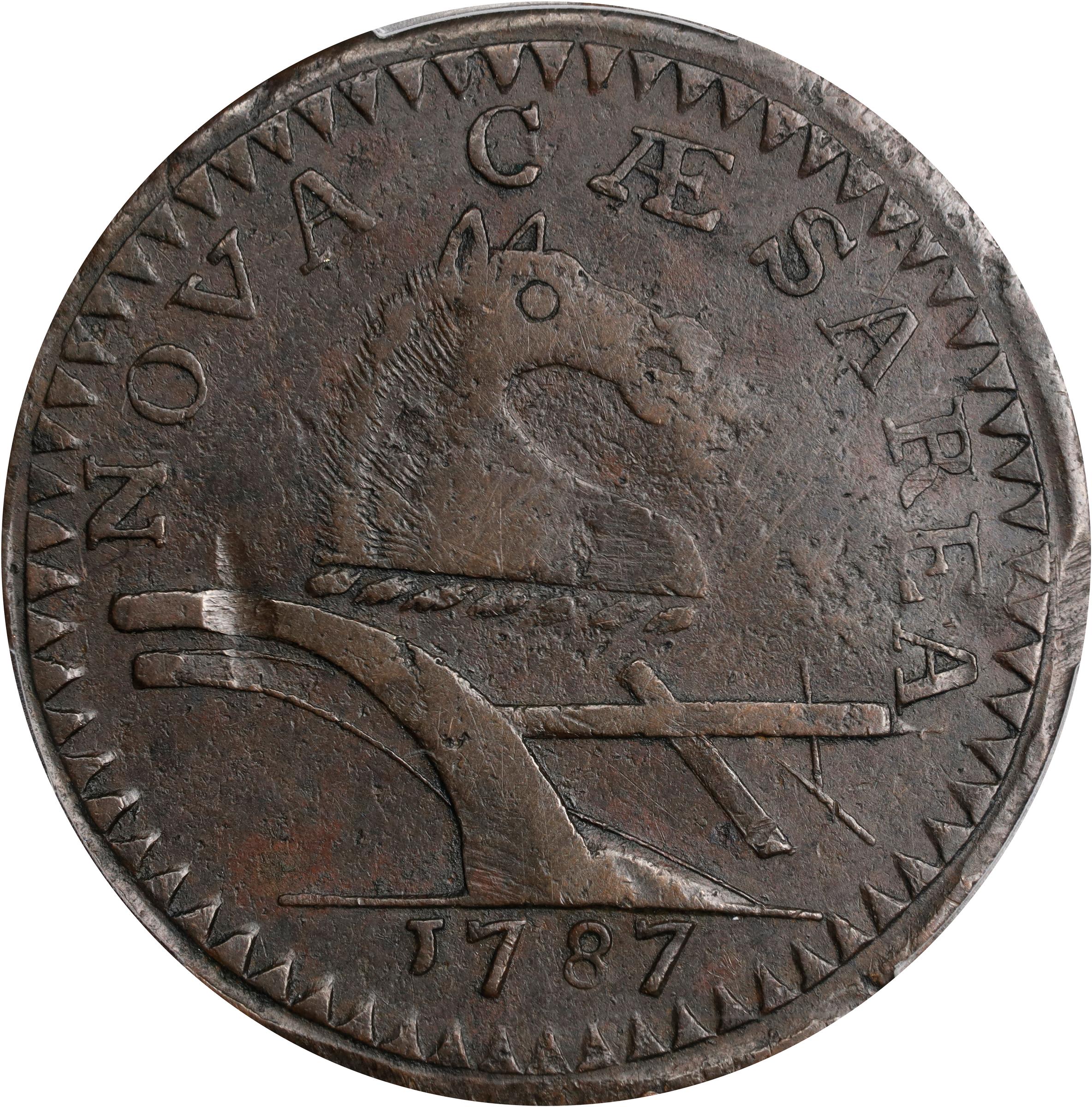 image for: 1787 New Jersey Copper. Maris 59-o, W-5325. Rarity-5+. No Sprig Above Plow, Sawtooth, Large Planchet. EF Details--Damage (PCGS).