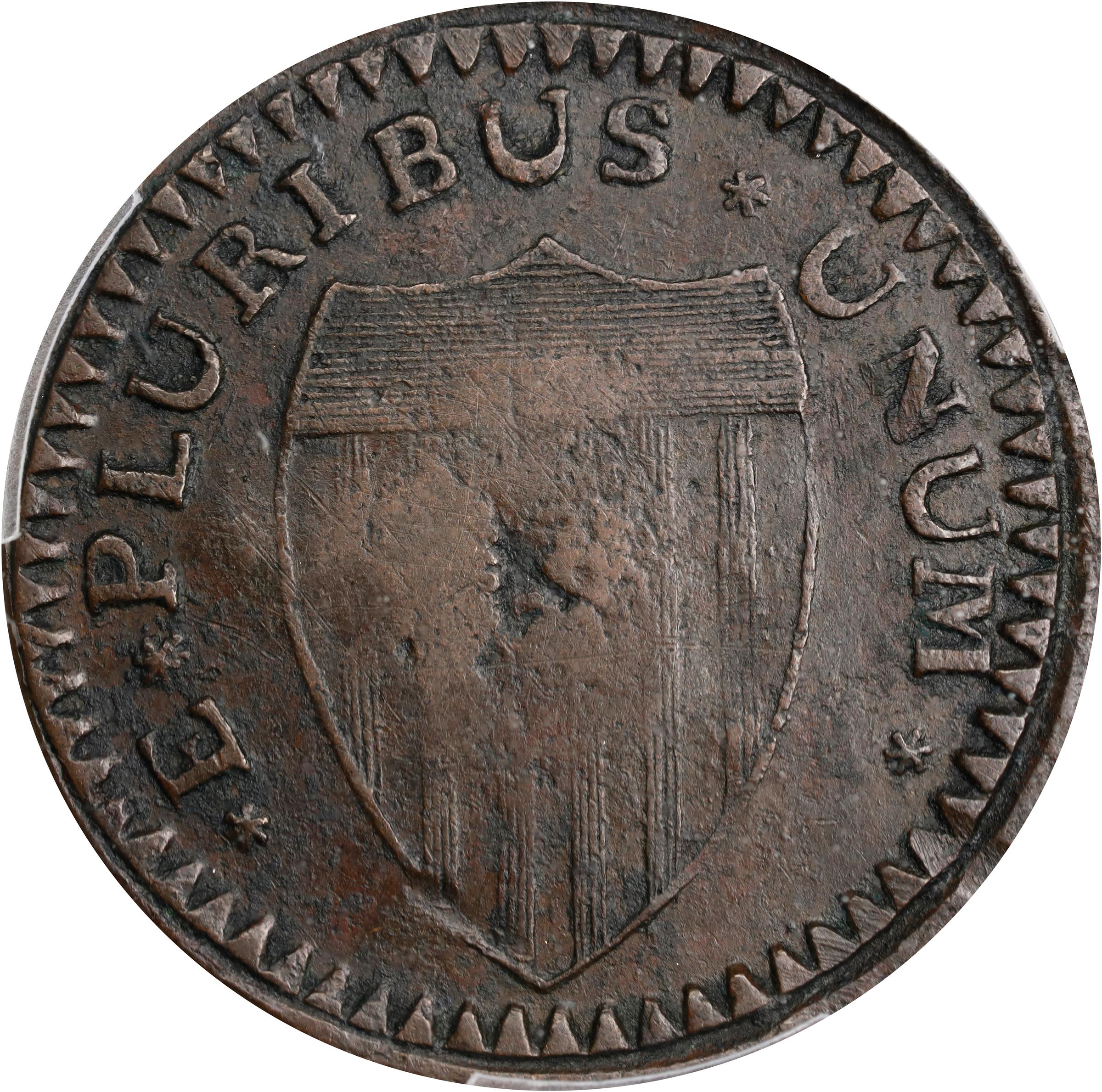 image for: 1787 New Jersey Copper. Maris 59-o, W-5325. Rarity-5+. No Sprig Above Plow, Sawtooth, Large Planchet. EF Details--Damage (PCGS).