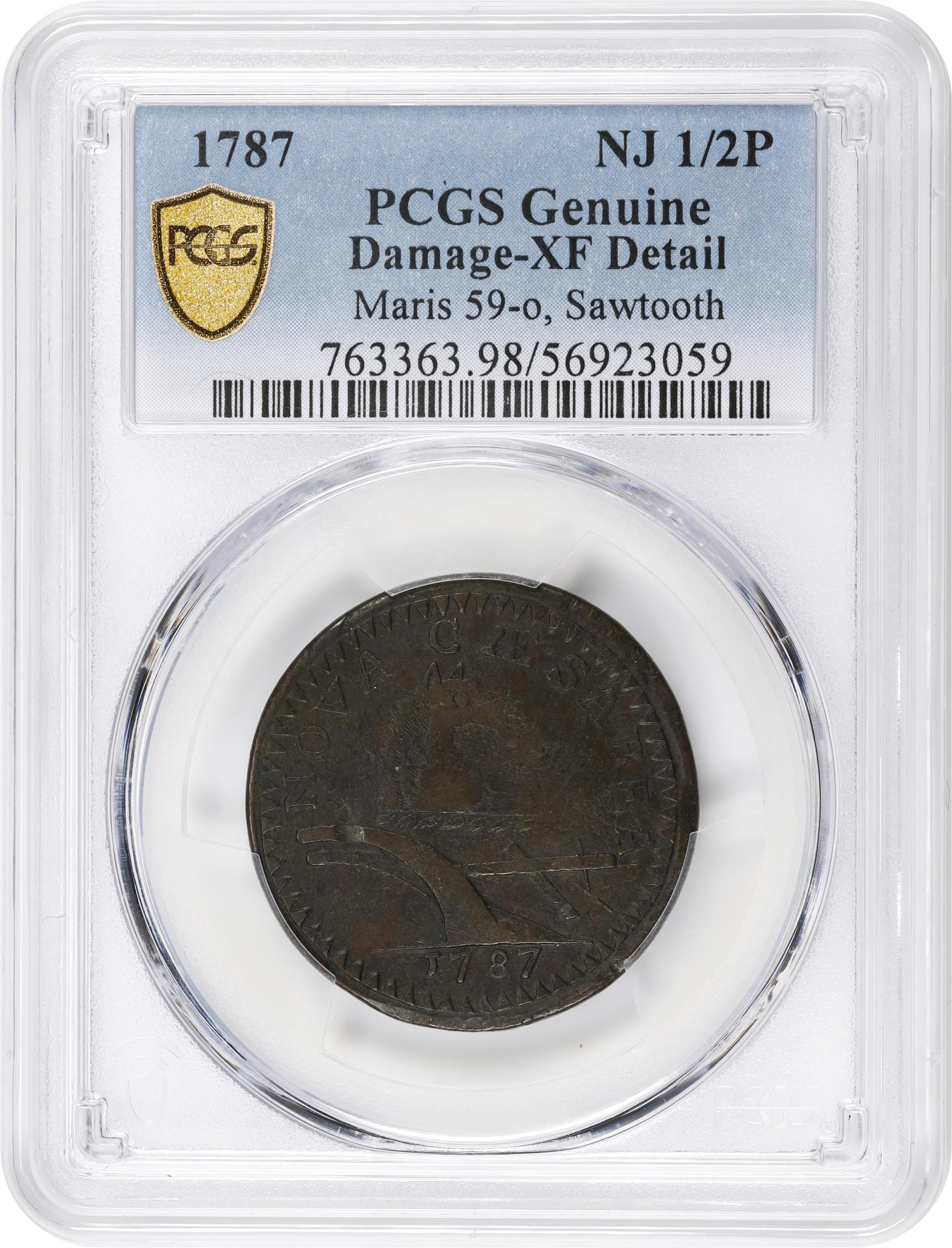 image for: 1787 New Jersey Copper. Maris 59-o, W-5325. Rarity-5+. No Sprig Above Plow, Sawtooth, Large Planchet. EF Details--Damage (PCGS).