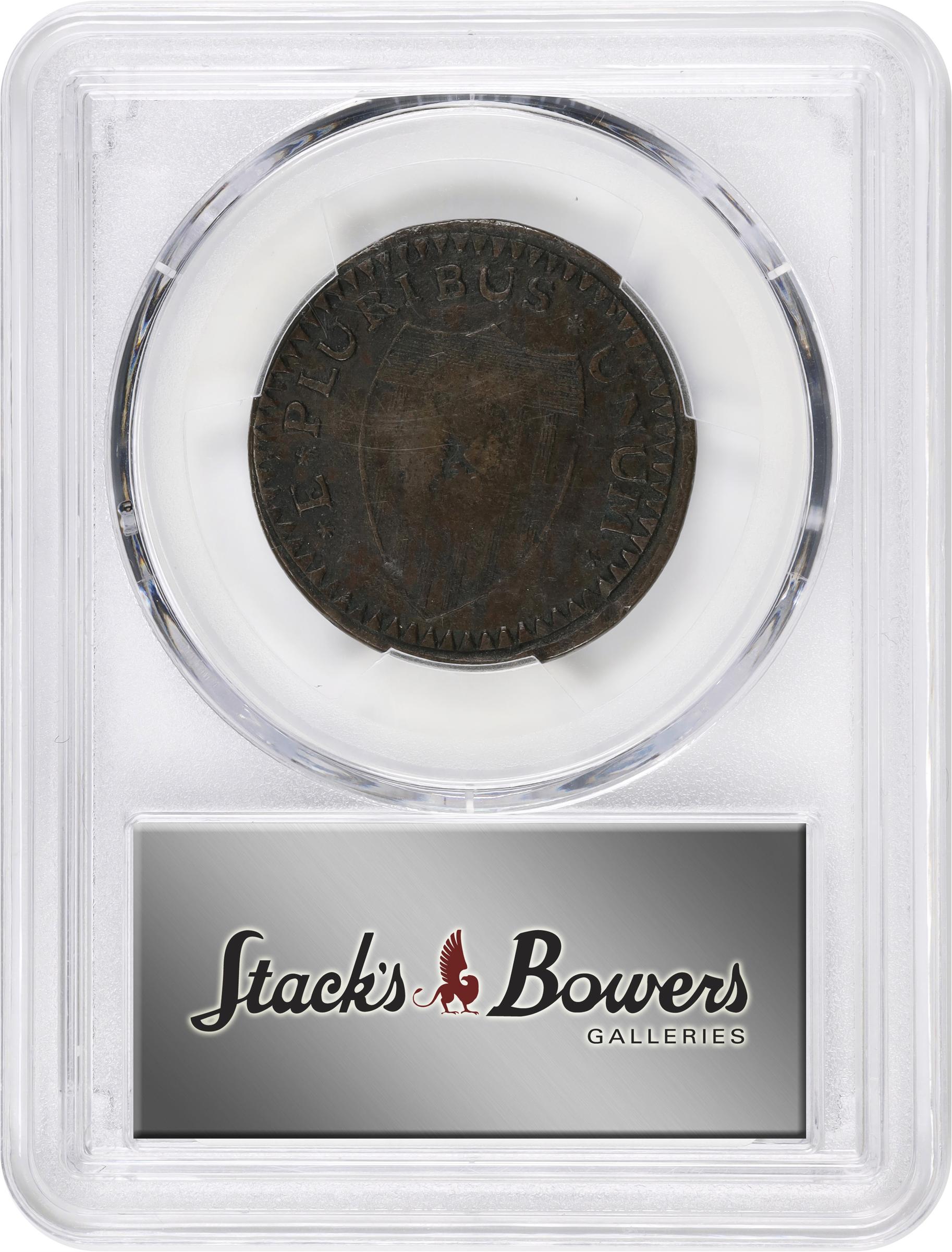 image for: 1787 New Jersey Copper. Maris 59-o, W-5325. Rarity-5+. No Sprig Above Plow, Sawtooth, Large Planchet. EF Details--Damage (PCGS).