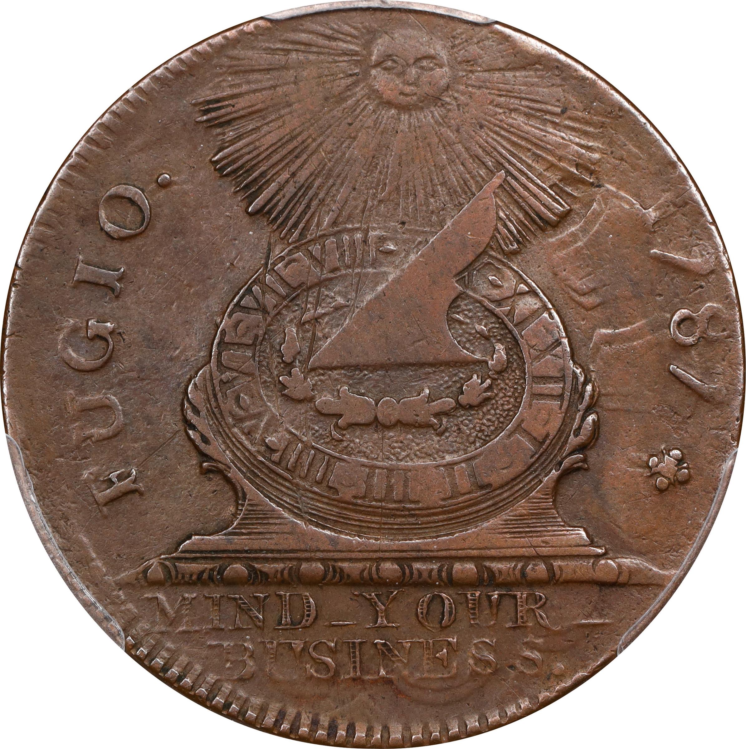 image for: 1787 Fugio Cent. Pointed Rays. Newman 1-B, W-6600. Rarity-4. Obverse Cross After Date, No Cinquefoils, UNITED STATES. EF Details--Scratch (PCGS).