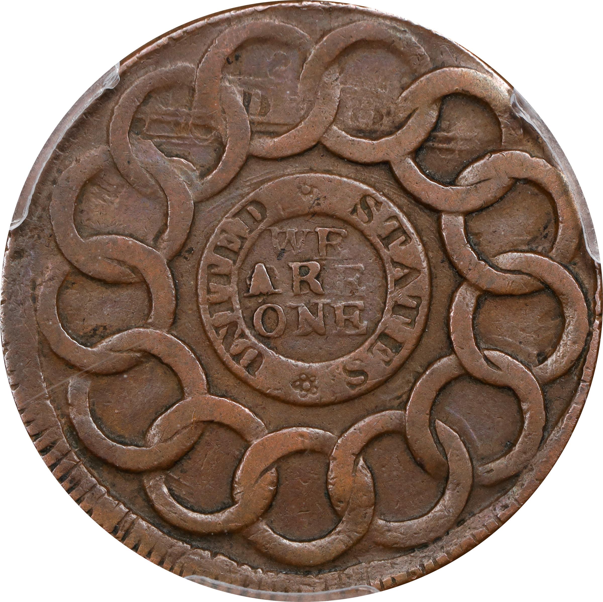 image for: 1787 Fugio Cent. Pointed Rays. Newman 1-B, W-6600. Rarity-4. Obverse Cross After Date, No Cinquefoils, UNITED STATES. EF Details--Scratch (PCGS).