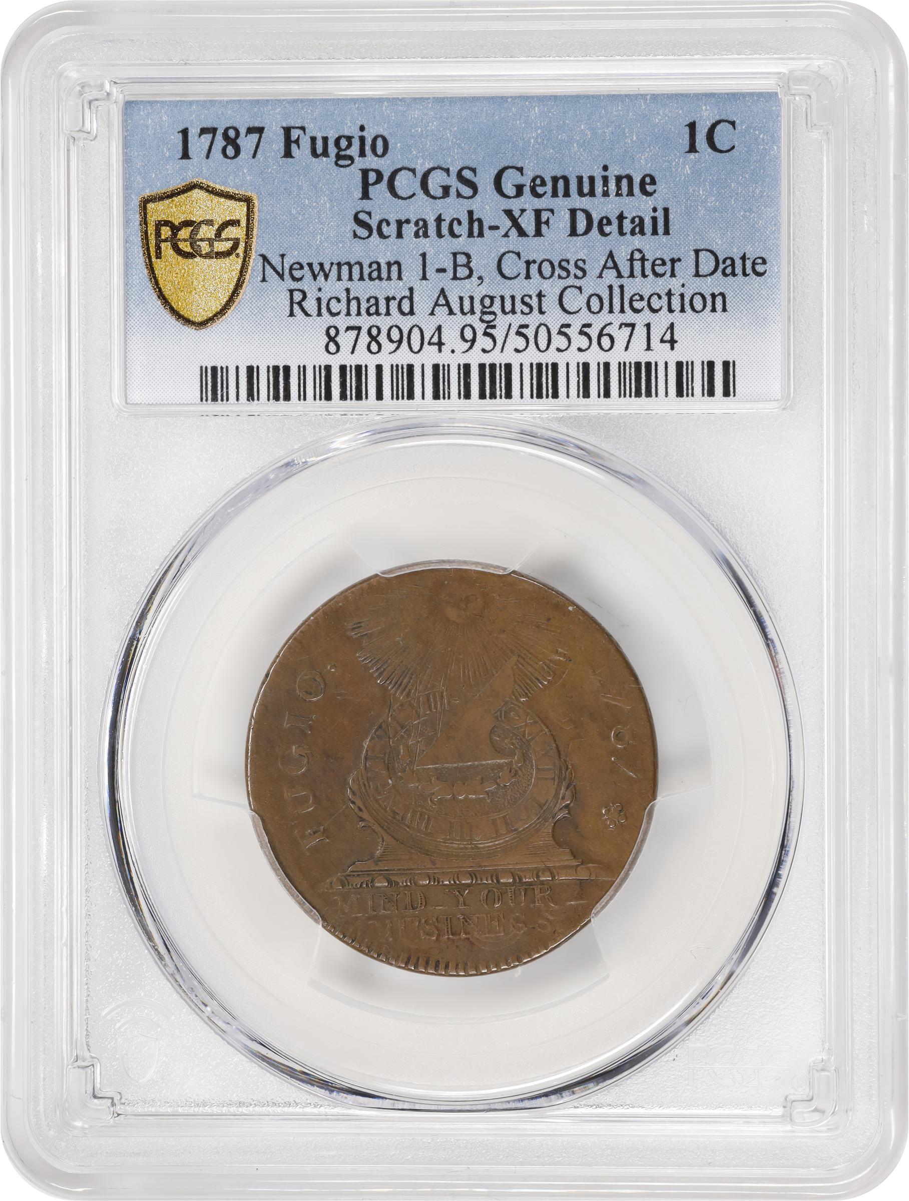 image for: 1787 Fugio Cent. Pointed Rays. Newman 1-B, W-6600. Rarity-4. Obverse Cross After Date, No Cinquefoils, UNITED STATES. EF Details--Scratch (PCGS).
