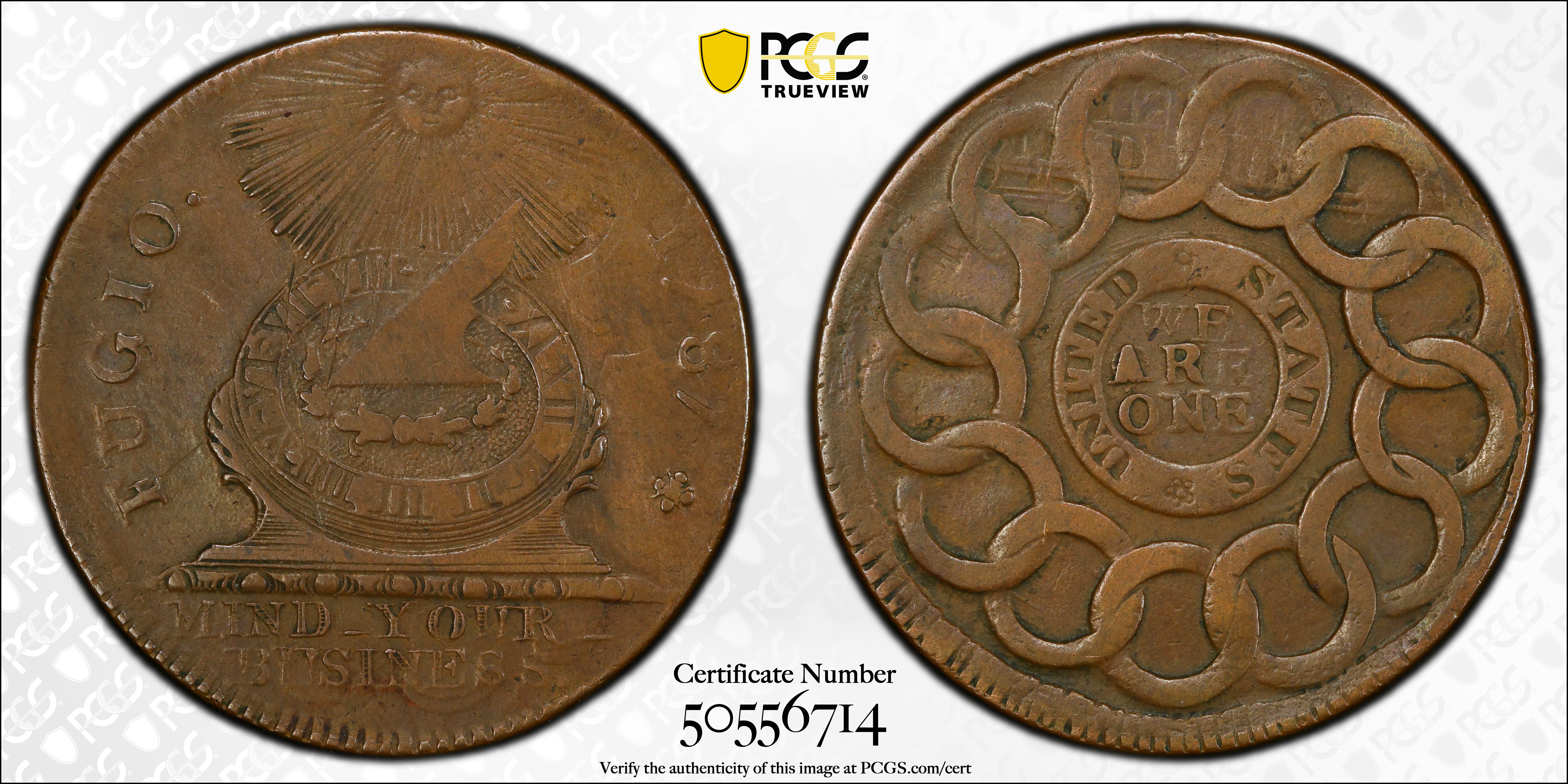 image for: 1787 Fugio Cent. Pointed Rays. Newman 1-B, W-6600. Rarity-4. Obverse Cross After Date, No Cinquefoils, UNITED STATES. EF Details--Scratch (PCGS).