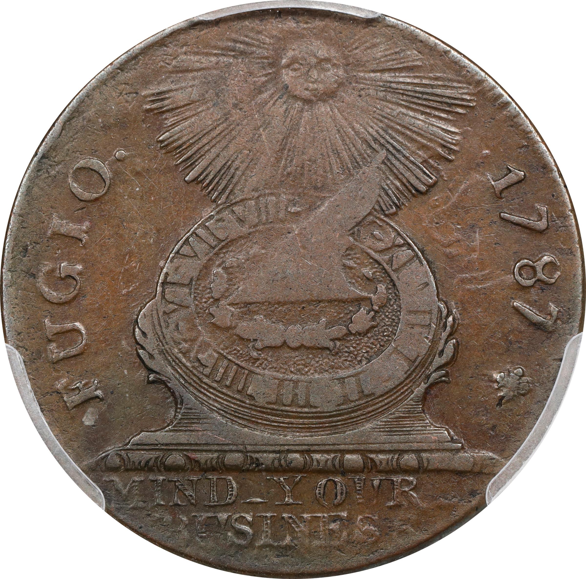 image for: 1787 Fugio Cent. Pointed Rays. Newman 1-L, W-6605. Rarity-5-. Obverse Cross After Date, No Cinquefoils, STATES UNITED. VF Details--Test Cut (PCGS).