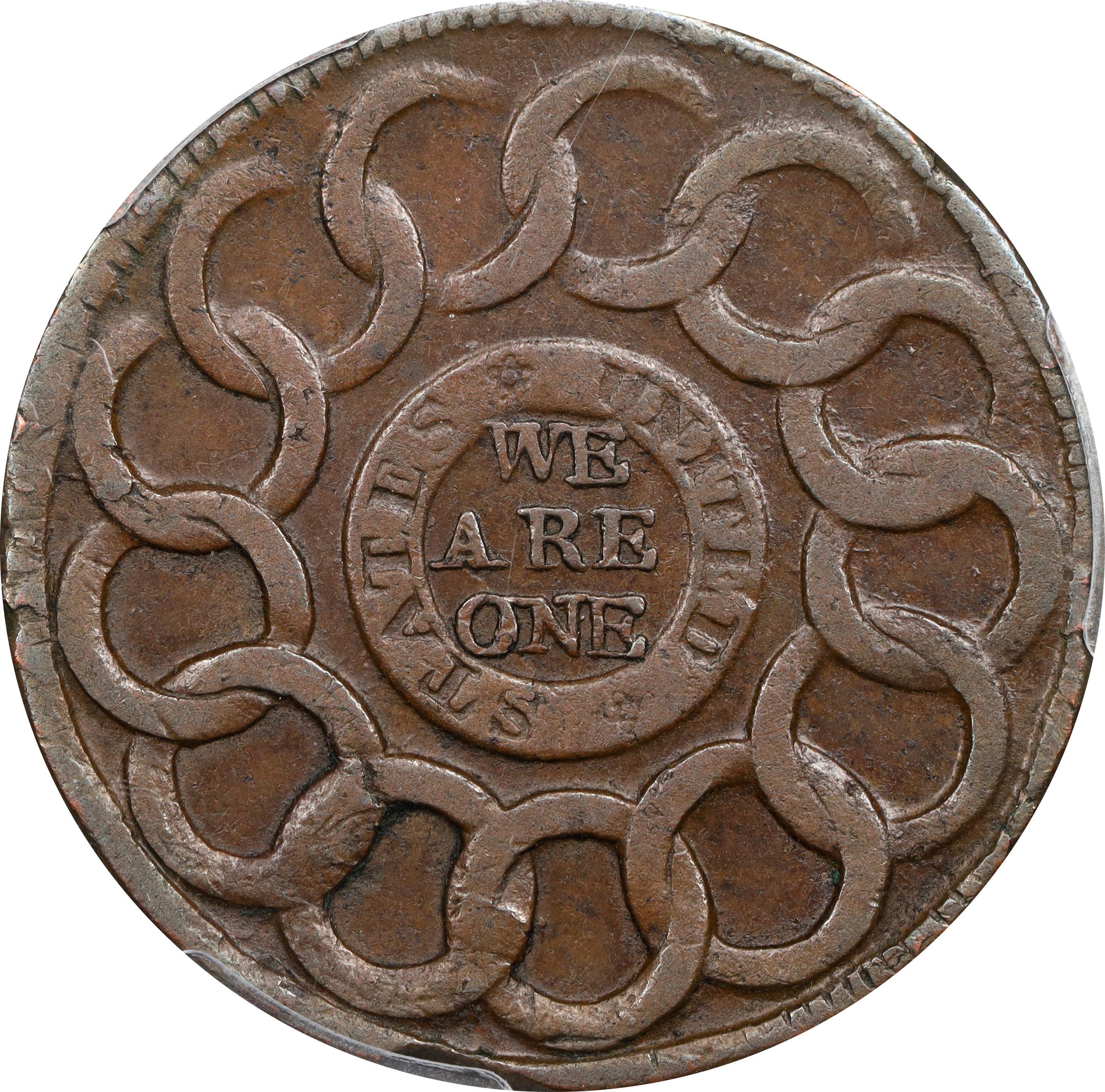 image for: 1787 Fugio Cent. Pointed Rays. Newman 1-L, W-6605. Rarity-5-. Obverse Cross After Date, No Cinquefoils, STATES UNITED. VF Details--Test Cut (PCGS).