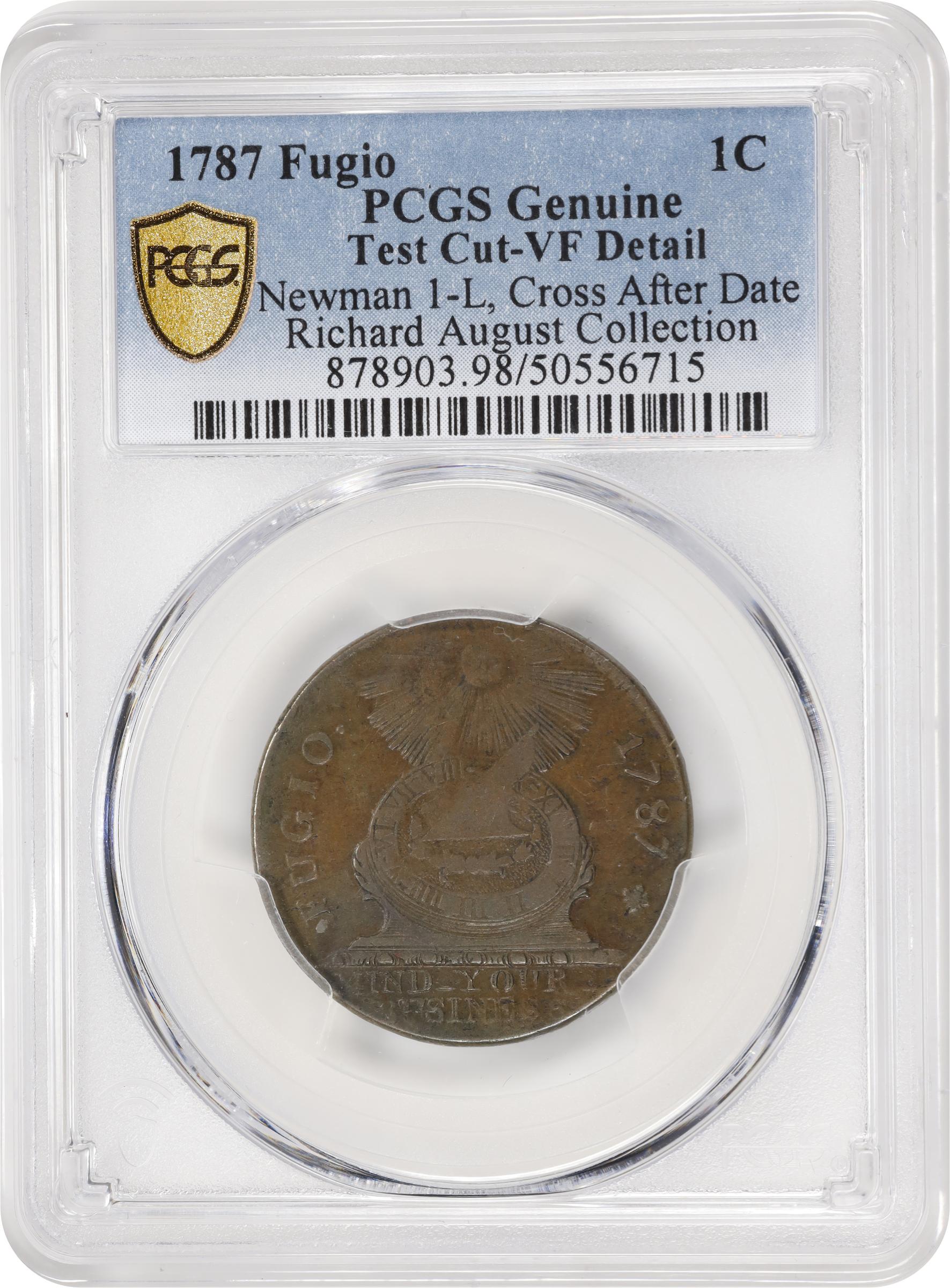 image for: 1787 Fugio Cent. Pointed Rays. Newman 1-L, W-6605. Rarity-5-. Obverse Cross After Date, No Cinquefoils, STATES UNITED. VF Details--Test Cut (PCGS).