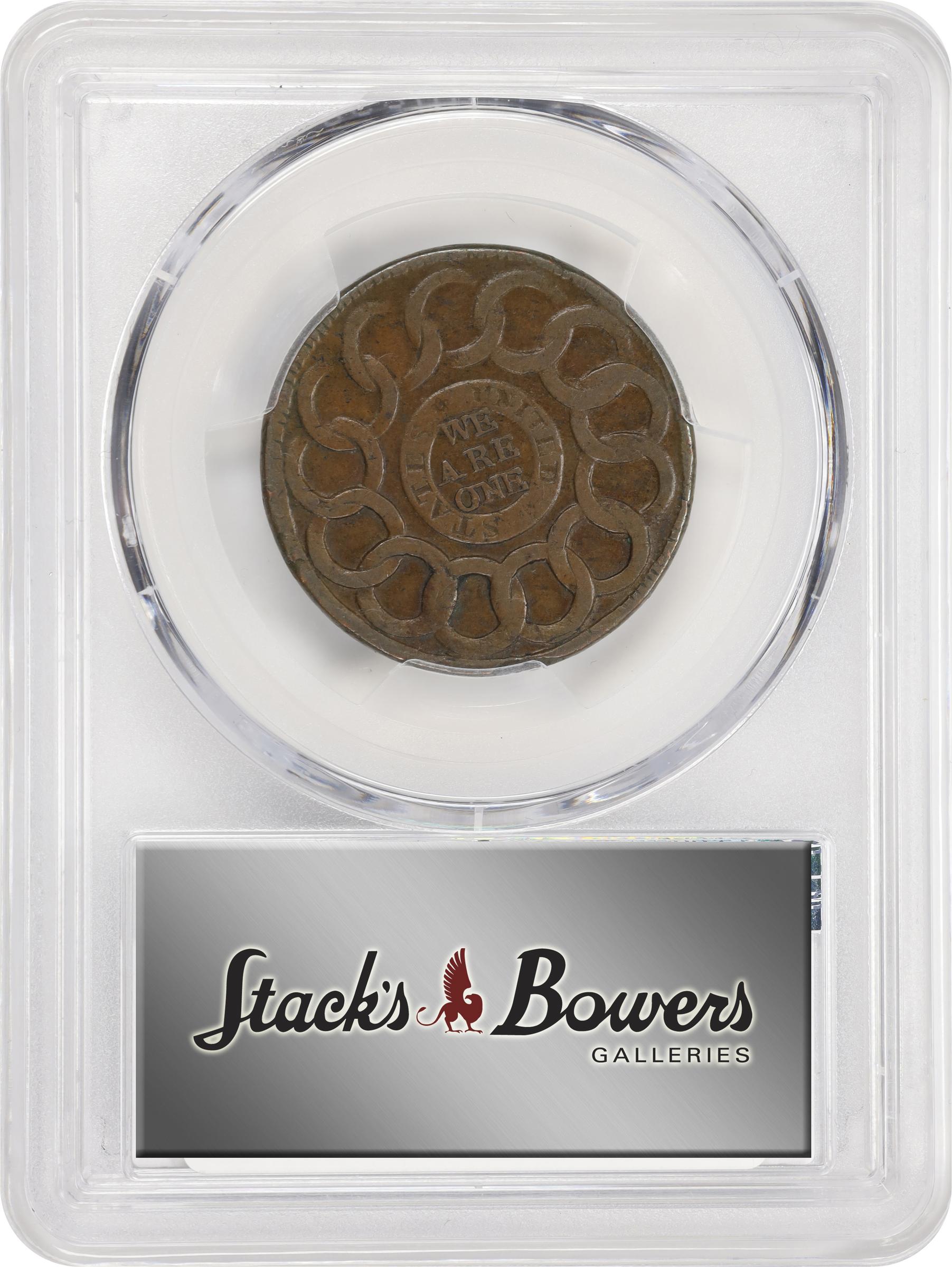 image for: 1787 Fugio Cent. Pointed Rays. Newman 1-L, W-6605. Rarity-5-. Obverse Cross After Date, No Cinquefoils, STATES UNITED. VF Details--Test Cut (PCGS).