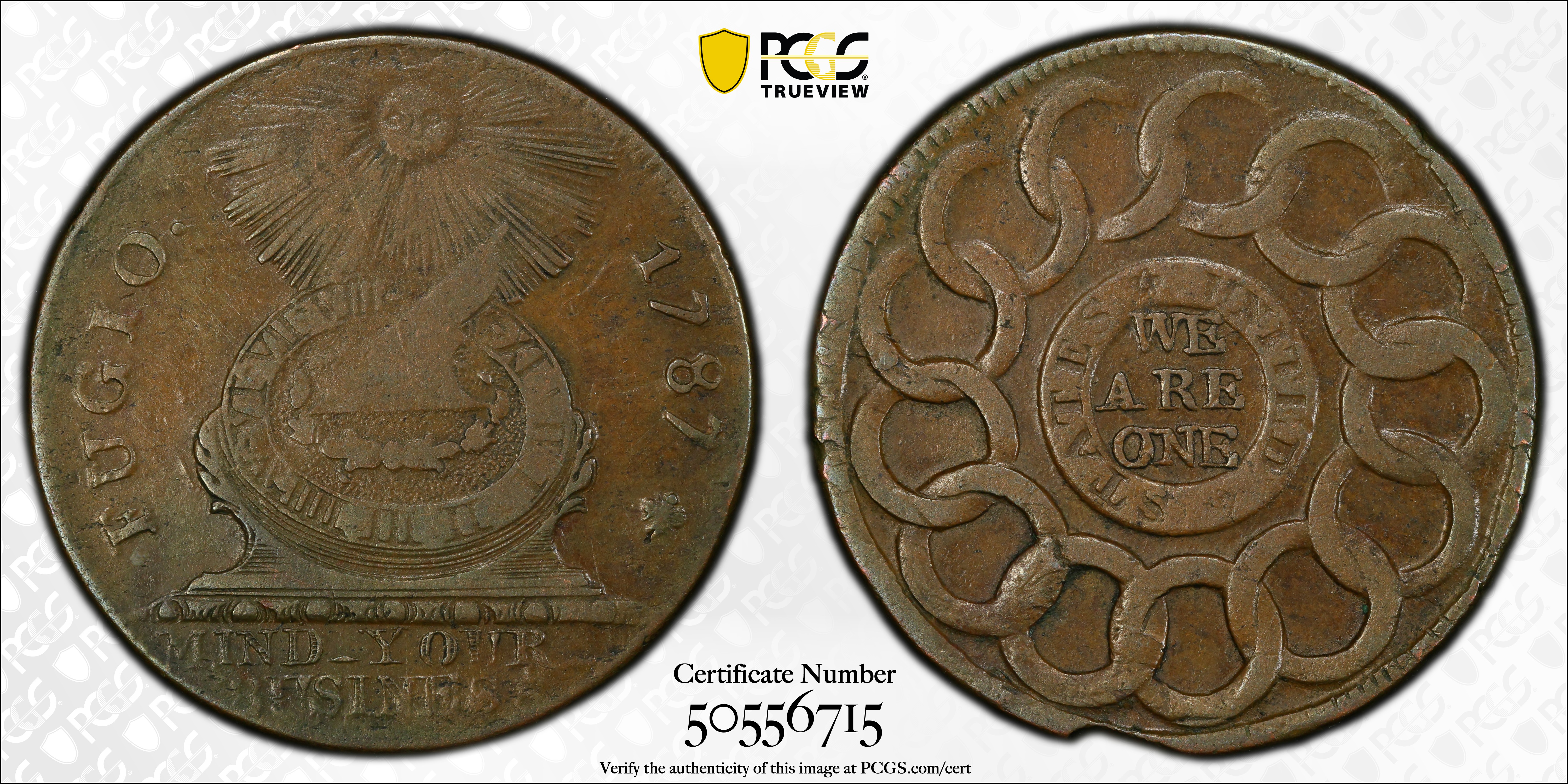 image for: 1787 Fugio Cent. Pointed Rays. Newman 1-L, W-6605. Rarity-5-. Obverse Cross After Date, No Cinquefoils, STATES UNITED. VF Details--Test Cut (PCGS).