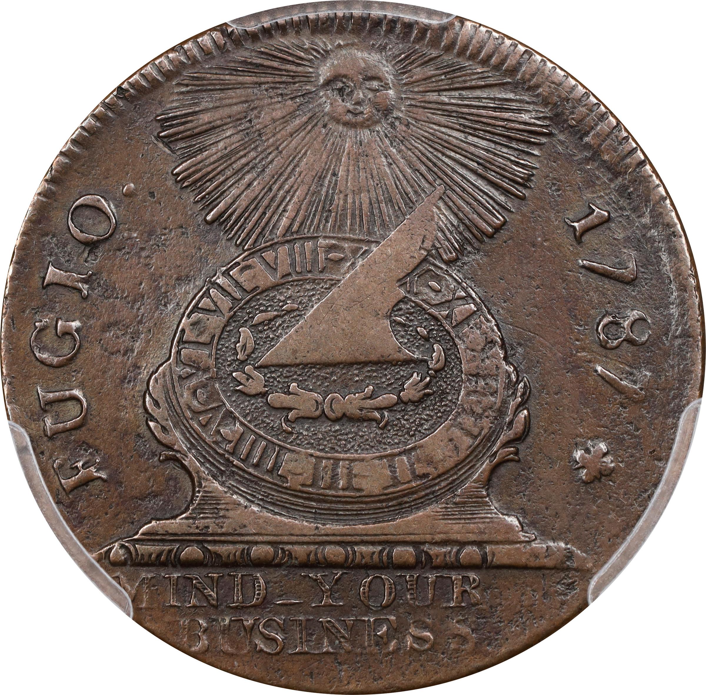image for: 1787 Fugio Cent. Pointed Rays. Newman 1-Z, W-6610. Rarity-6+. Obverse Cross After Date, No Cinquefoils, Reverse Label with Raised Rims. AU Details--Environmental Damage (PCGS).