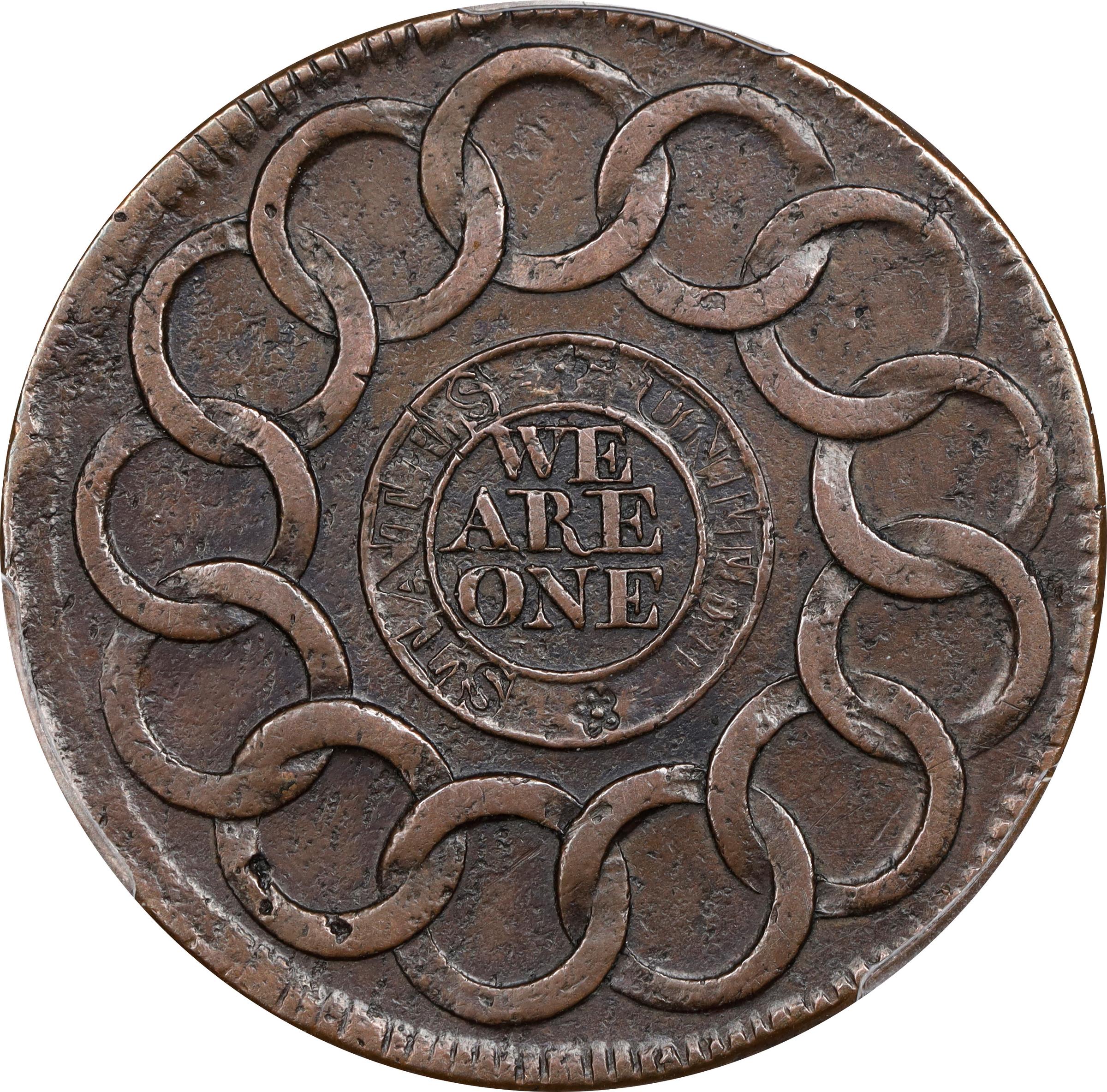 image for: 1787 Fugio Cent. Pointed Rays. Newman 1-Z, W-6610. Rarity-6+. Obverse Cross After Date, No Cinquefoils, Reverse Label with Raised Rims. AU Details--Environmental Damage (PCGS).