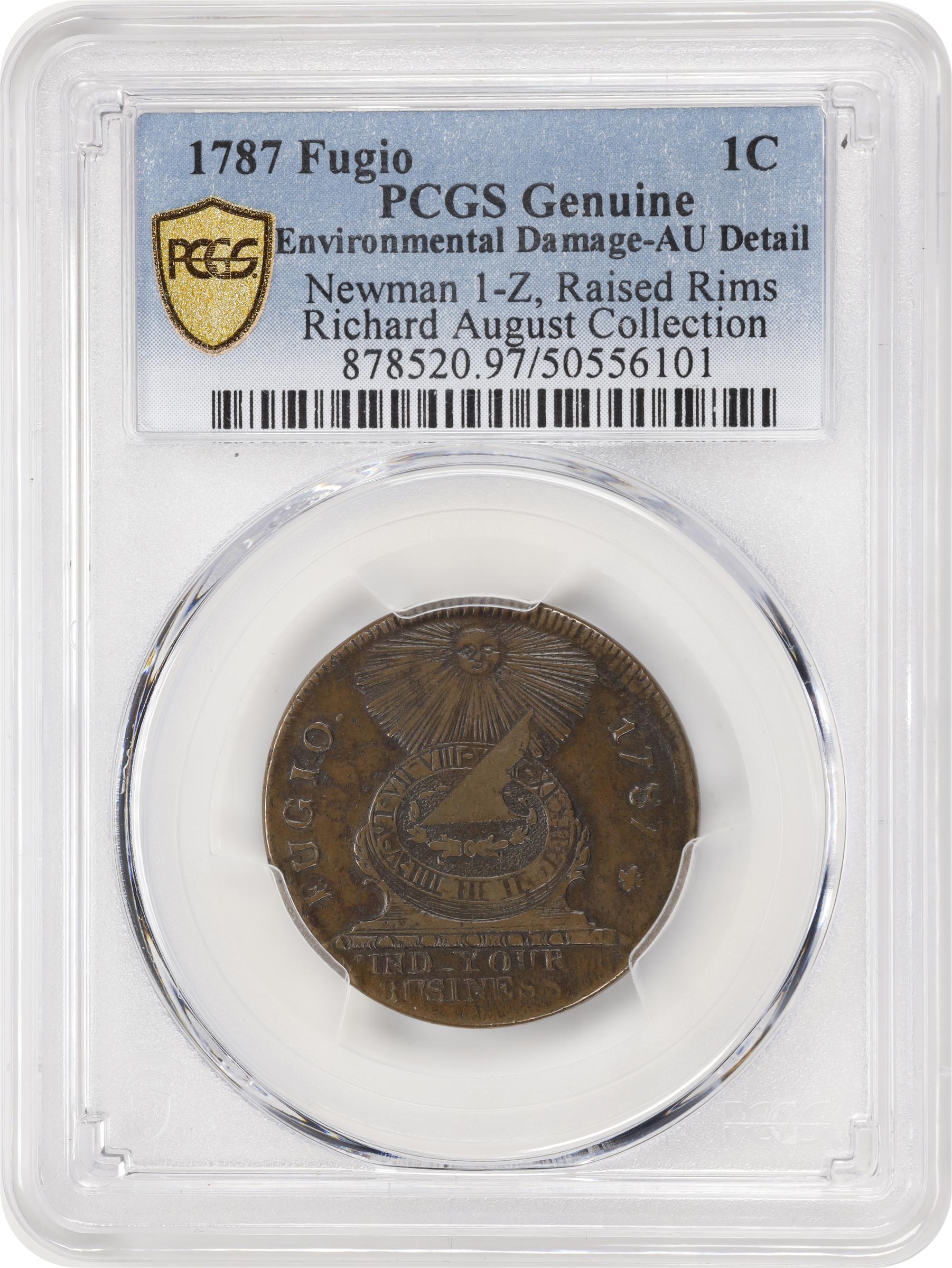 image for: 1787 Fugio Cent. Pointed Rays. Newman 1-Z, W-6610. Rarity-6+. Obverse Cross After Date, No Cinquefoils, Reverse Label with Raised Rims. AU Details--Environmental Damage (PCGS).