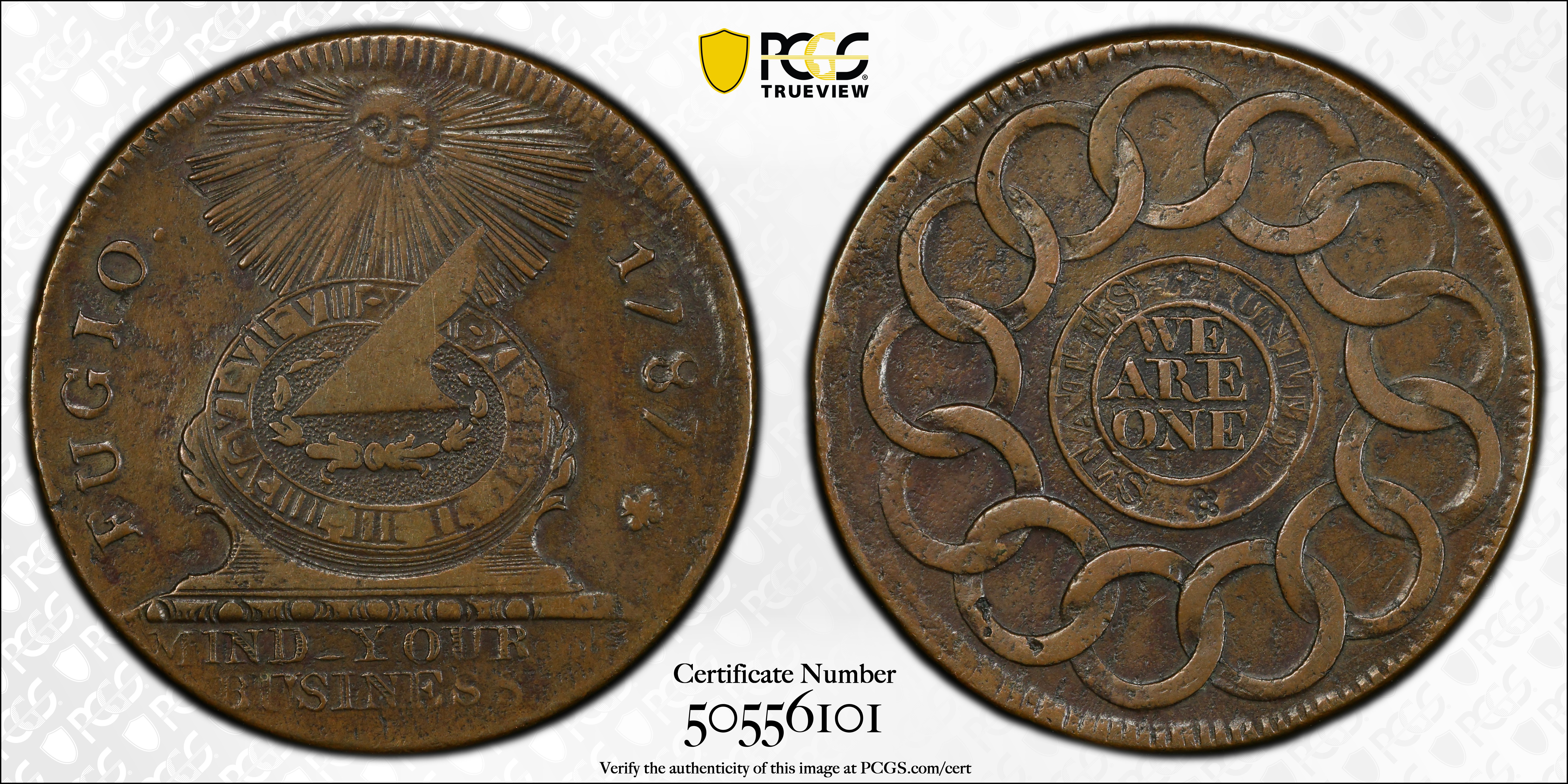 image for: 1787 Fugio Cent. Pointed Rays. Newman 1-Z, W-6610. Rarity-6+. Obverse Cross After Date, No Cinquefoils, Reverse Label with Raised Rims. AU Details--Environmental Damage (PCGS).