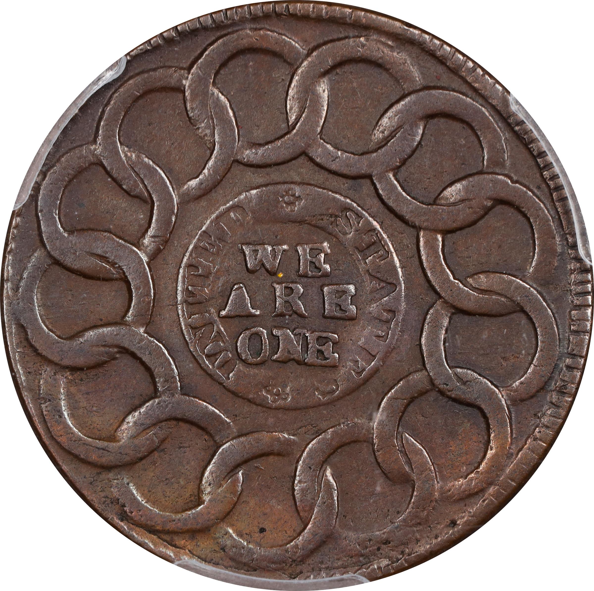 image for: 1787 Fugio Cent. Club Rays. Newman 4-E, W-6685. Rarity-3. Rounded Ends. EF Details--Corrosion Removed (PCGS).