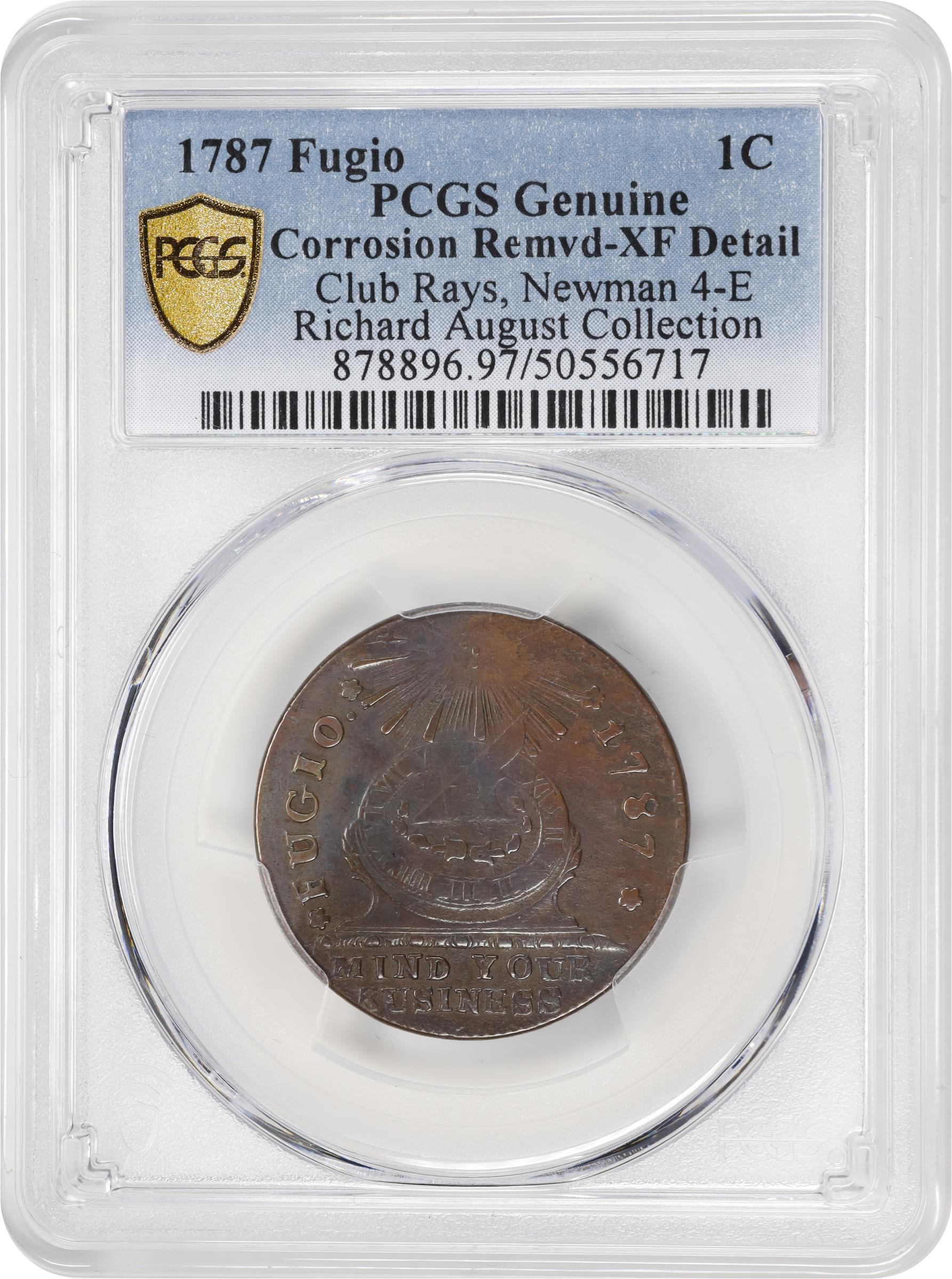 image for: 1787 Fugio Cent. Club Rays. Newman 4-E, W-6685. Rarity-3. Rounded Ends. EF Details--Corrosion Removed (PCGS).