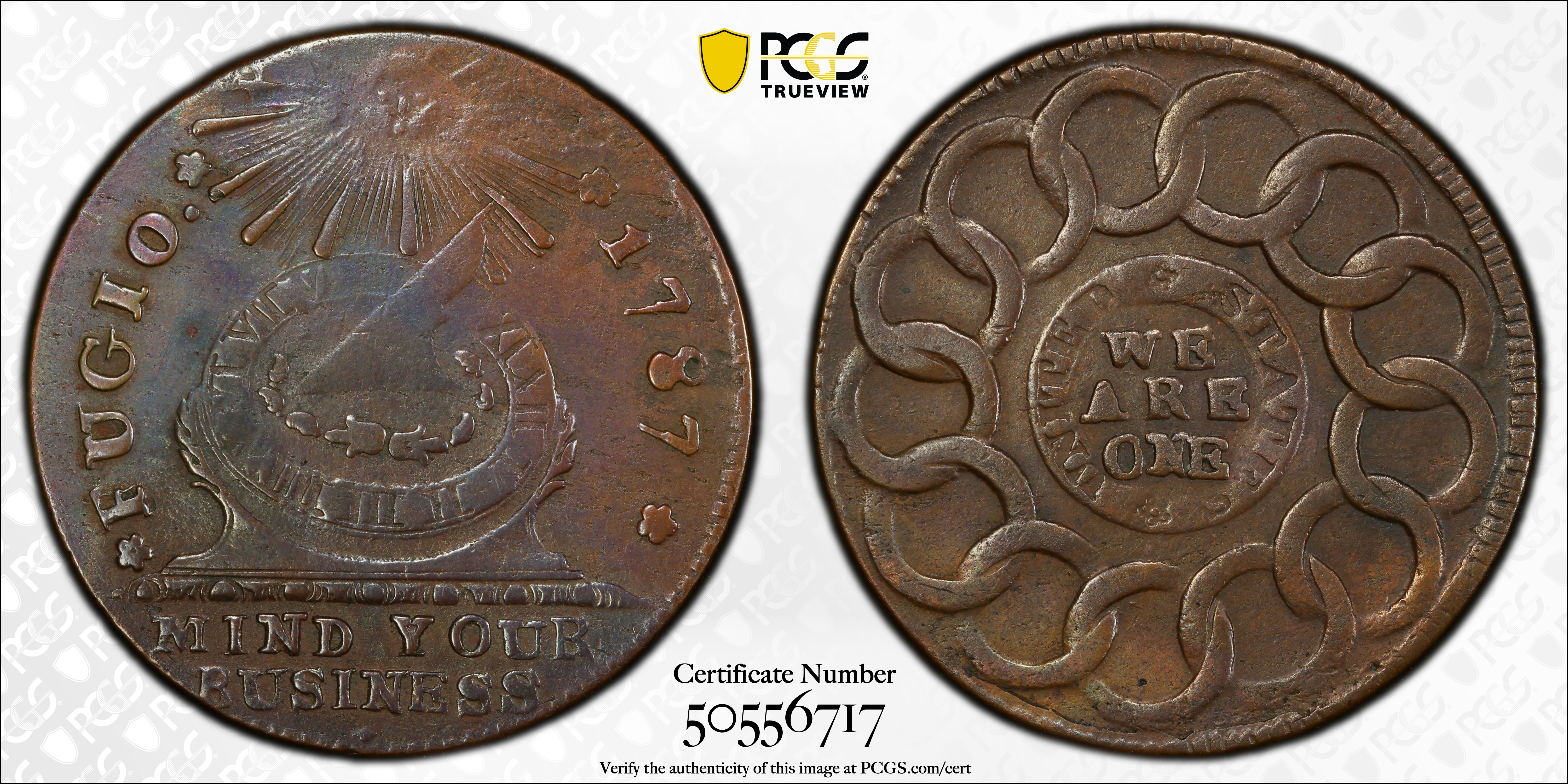 image for: 1787 Fugio Cent. Club Rays. Newman 4-E, W-6685. Rarity-3. Rounded Ends. EF Details--Corrosion Removed (PCGS).