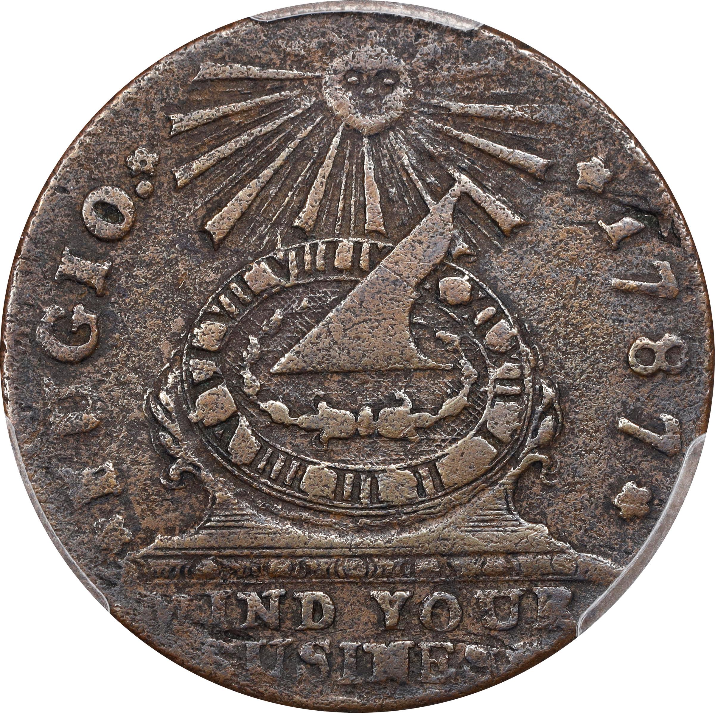 image for: 1787 Fugio Cent. Club Rays. Newman 5-HH, W-6645. Rarity-7+. Concave Ends, UNITED STATES. EF Details--Environmental Damage (PCGS).