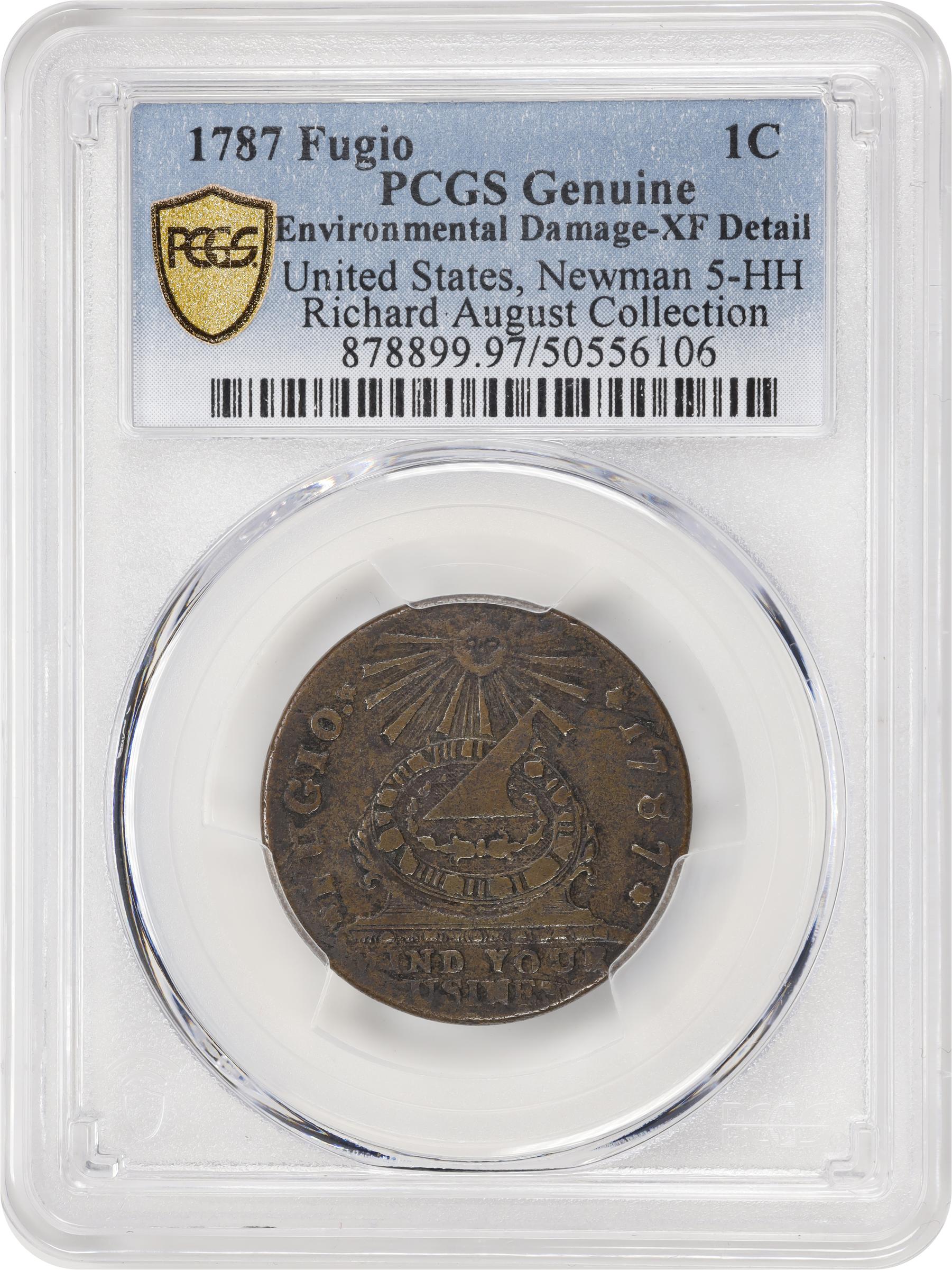 image for: 1787 Fugio Cent. Club Rays. Newman 5-HH, W-6645. Rarity-7+. Concave Ends, UNITED STATES. EF Details--Environmental Damage (PCGS).