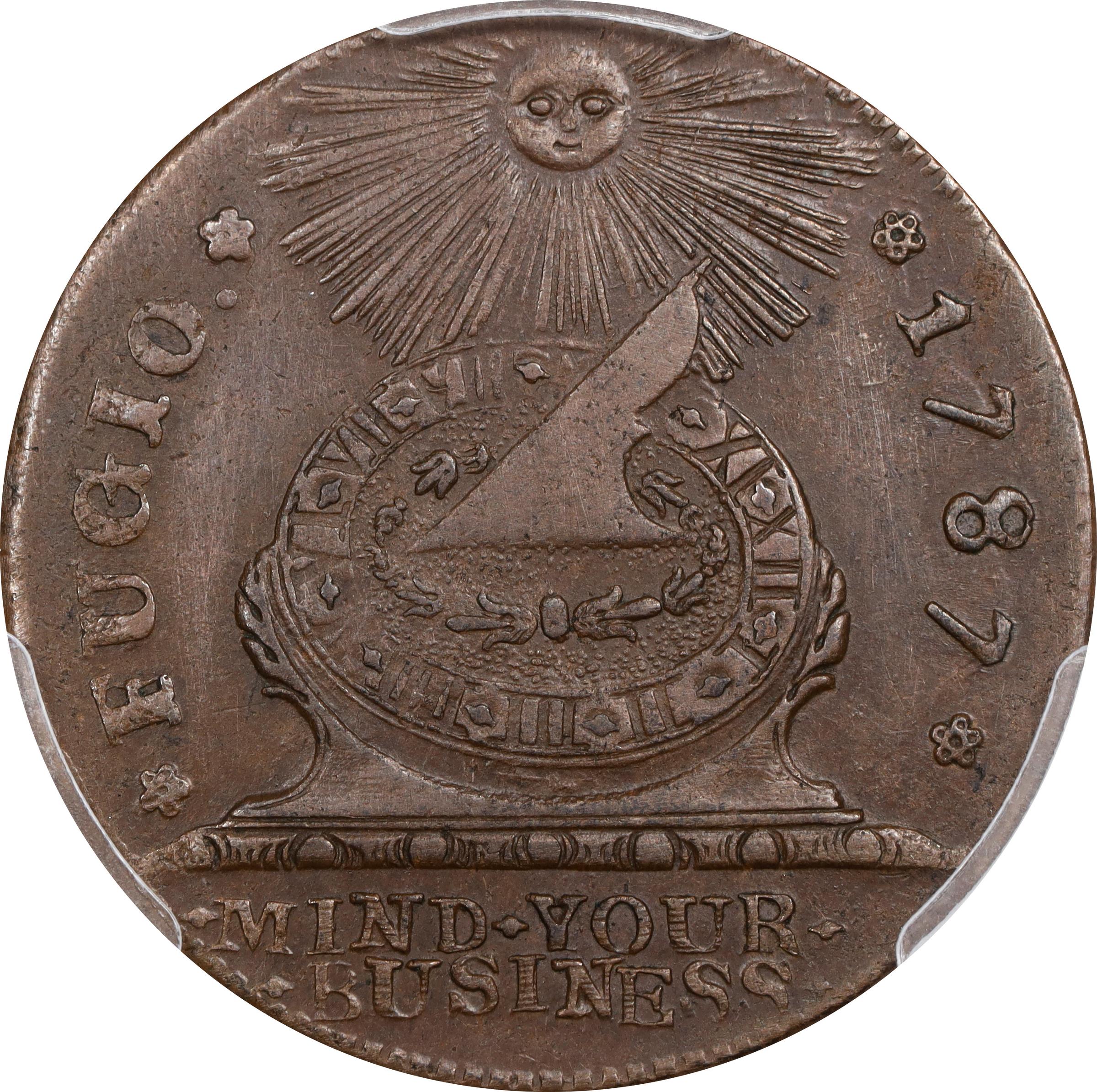 image for: 1787 Fugio Cent. Pointed Rays. Newman 7-T, W-6735. Rarity-4. STATES UNITED, 4 Cinquefoils. AU Details--Cleaned (PCGS).