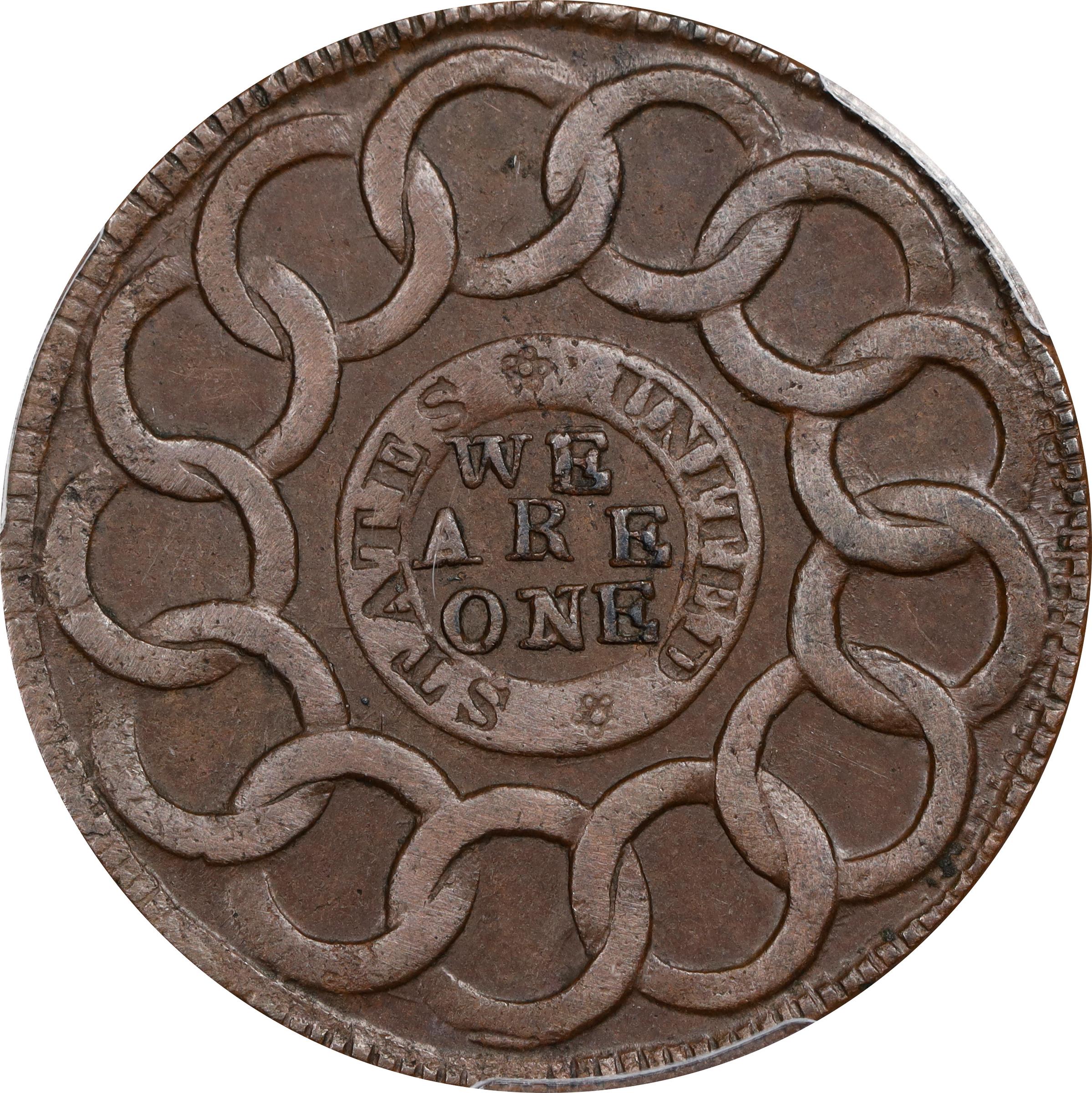 image for: 1787 Fugio Cent. Pointed Rays. Newman 7-T, W-6735. Rarity-4. STATES UNITED, 4 Cinquefoils. AU Details--Cleaned (PCGS).