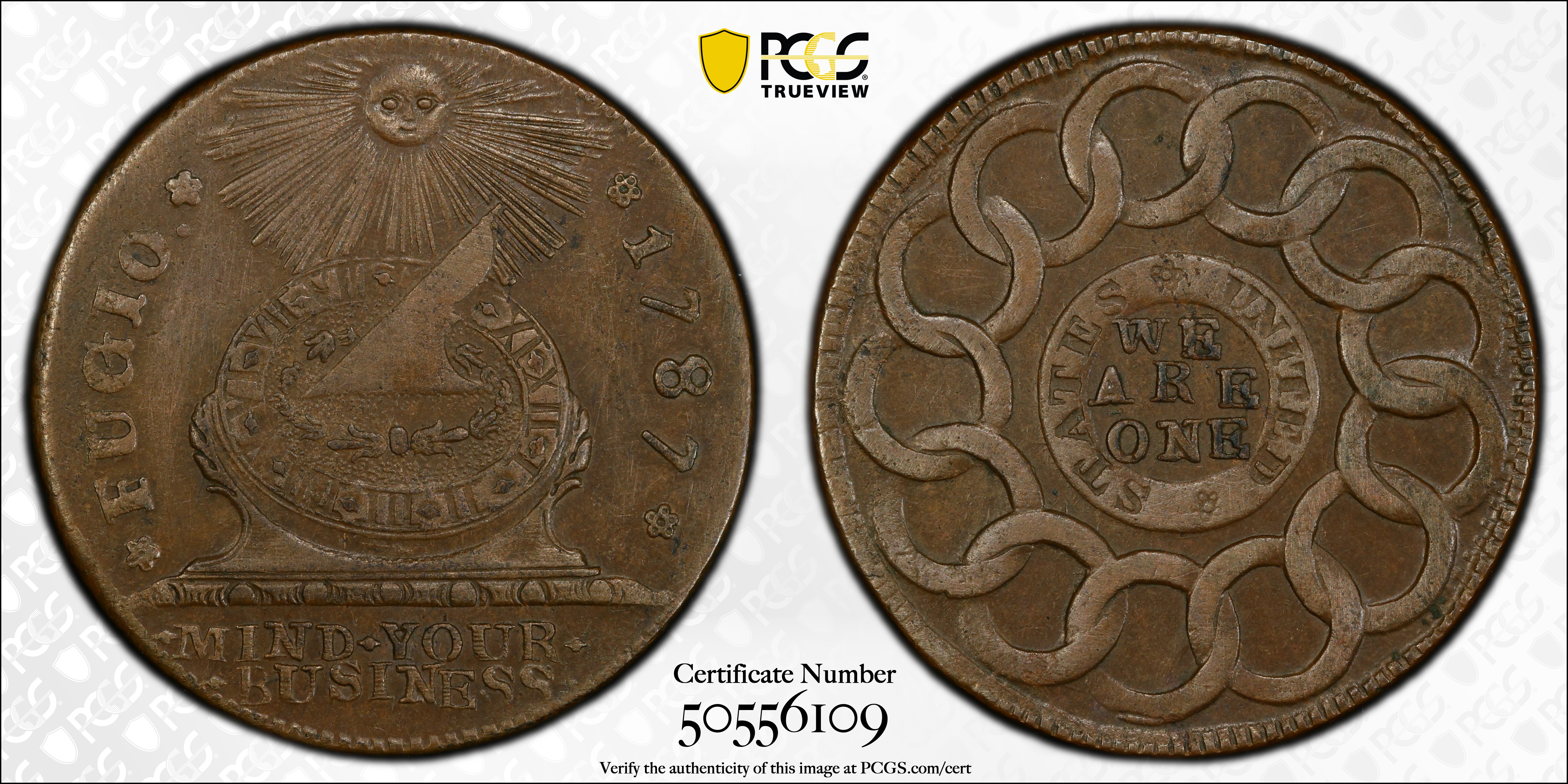 image for: 1787 Fugio Cent. Pointed Rays. Newman 7-T, W-6735. Rarity-4. STATES UNITED, 4 Cinquefoils. AU Details--Cleaned (PCGS).