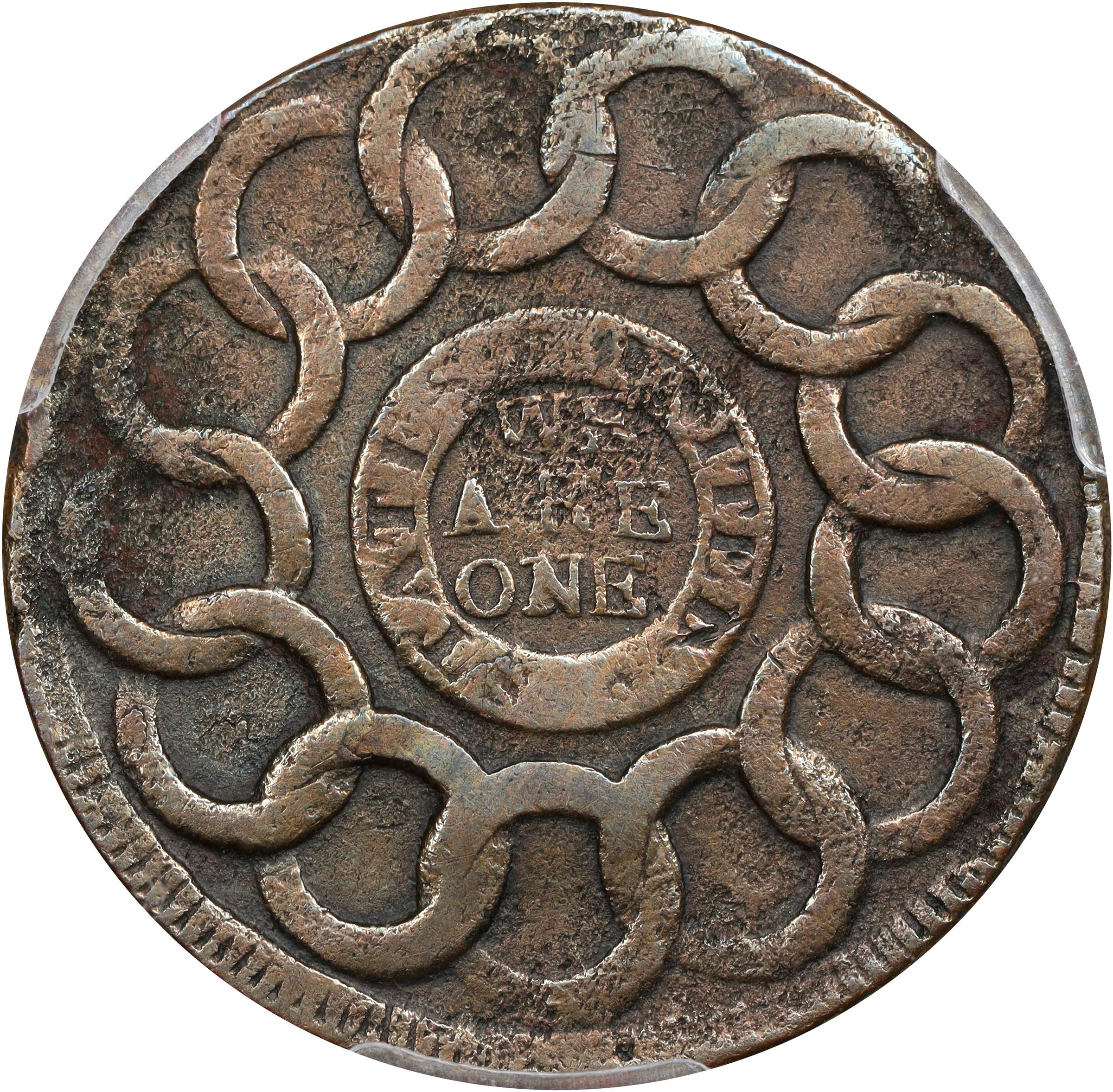 image for: 1787 Fugio Cent. Pointed Rays. Newman 9-S, W-6765. Rarity-6. STATES UNITED, 4 Cinquefoils. VF Details--Environmental Damage (PCGS).