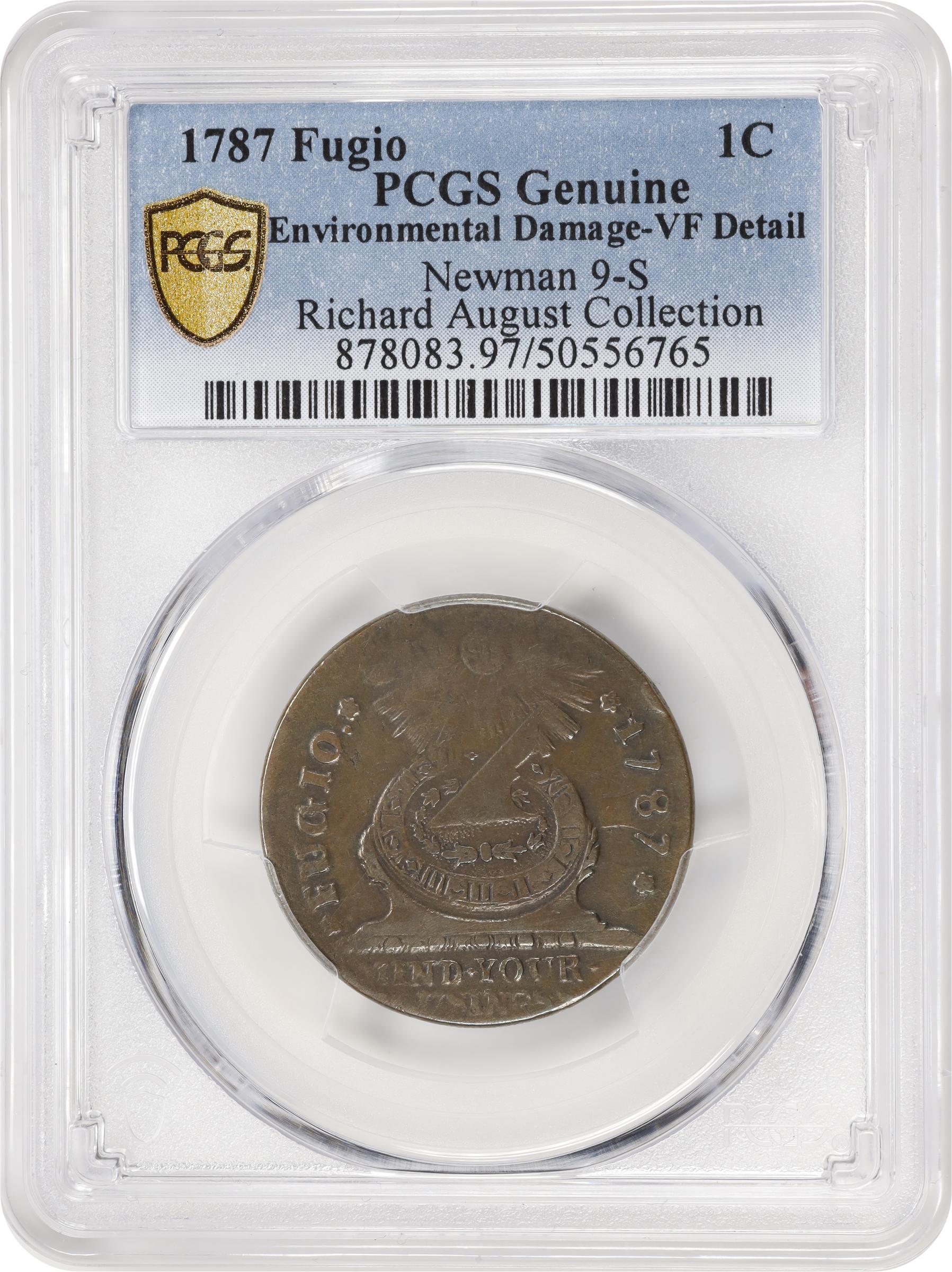 image for: 1787 Fugio Cent. Pointed Rays. Newman 9-S, W-6765. Rarity-6. STATES UNITED, 4 Cinquefoils. VF Details--Environmental Damage (PCGS).