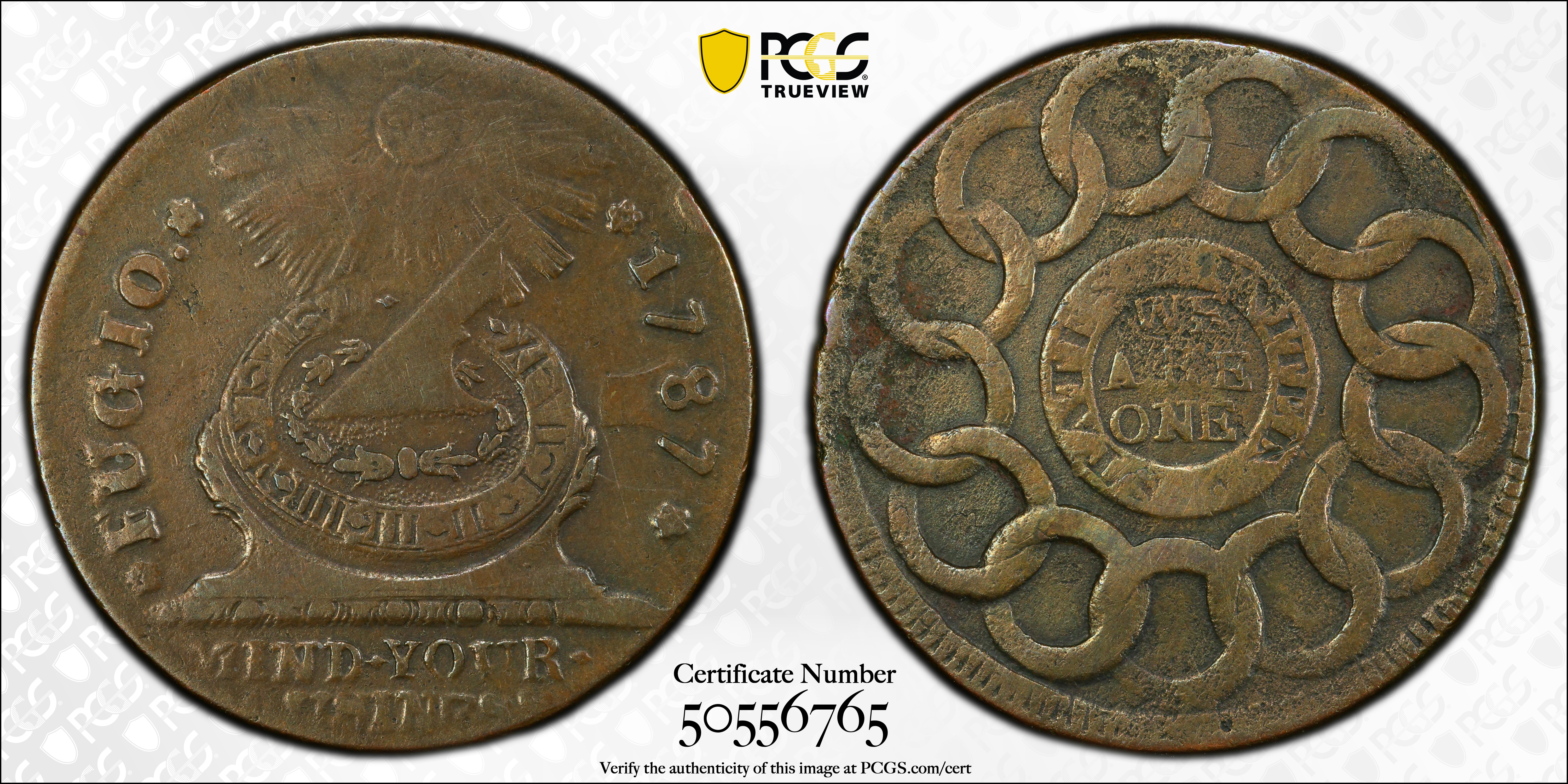 image for: 1787 Fugio Cent. Pointed Rays. Newman 9-S, W-6765. Rarity-6. STATES UNITED, 4 Cinquefoils. VF Details--Environmental Damage (PCGS).