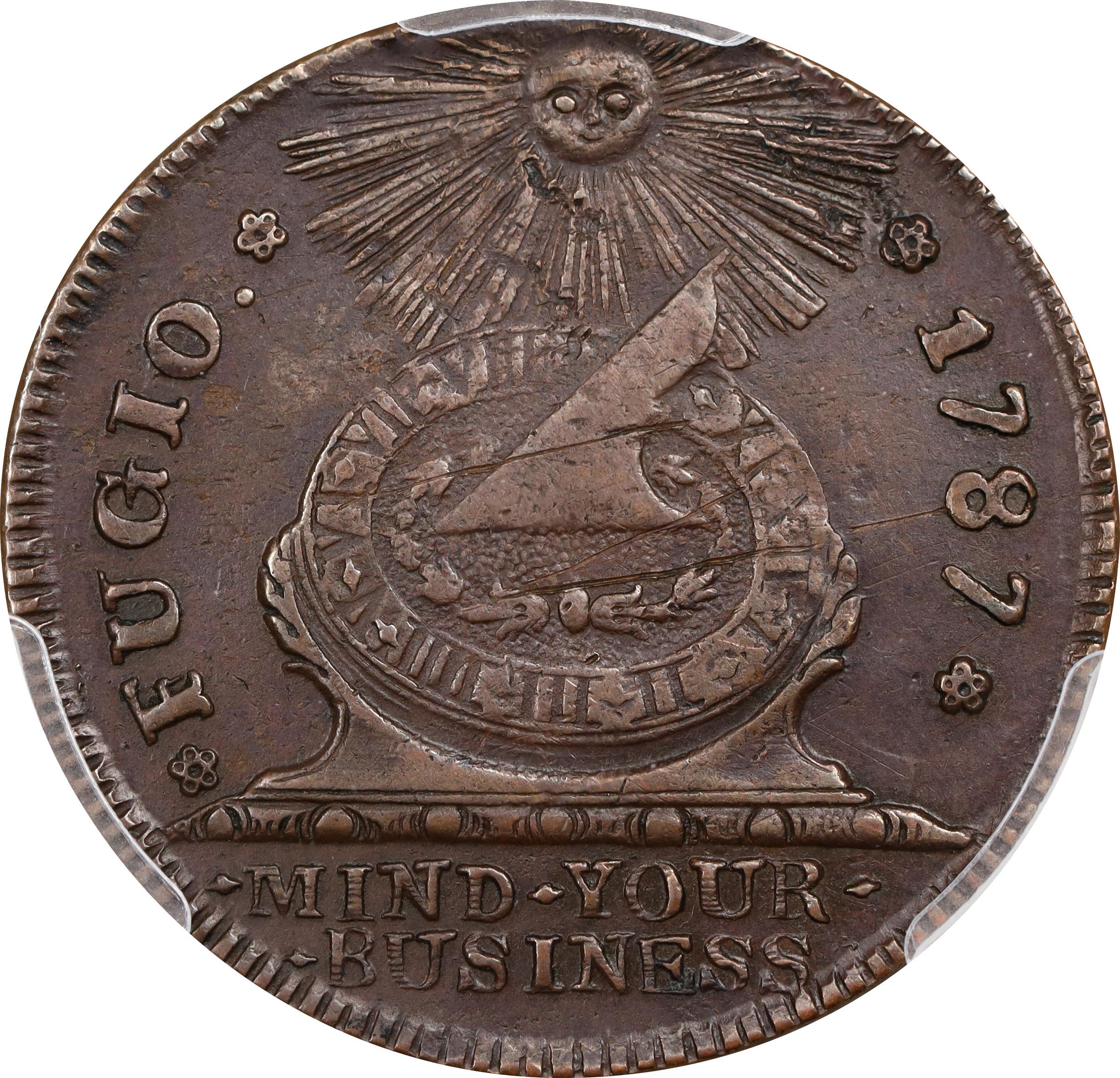 image for: 1787 Fugio Cent. Pointed Rays. Newman 11-A, W-6780. Rarity-5+. UNITED above, STATES below. AU Details--Scrape (PCGS).