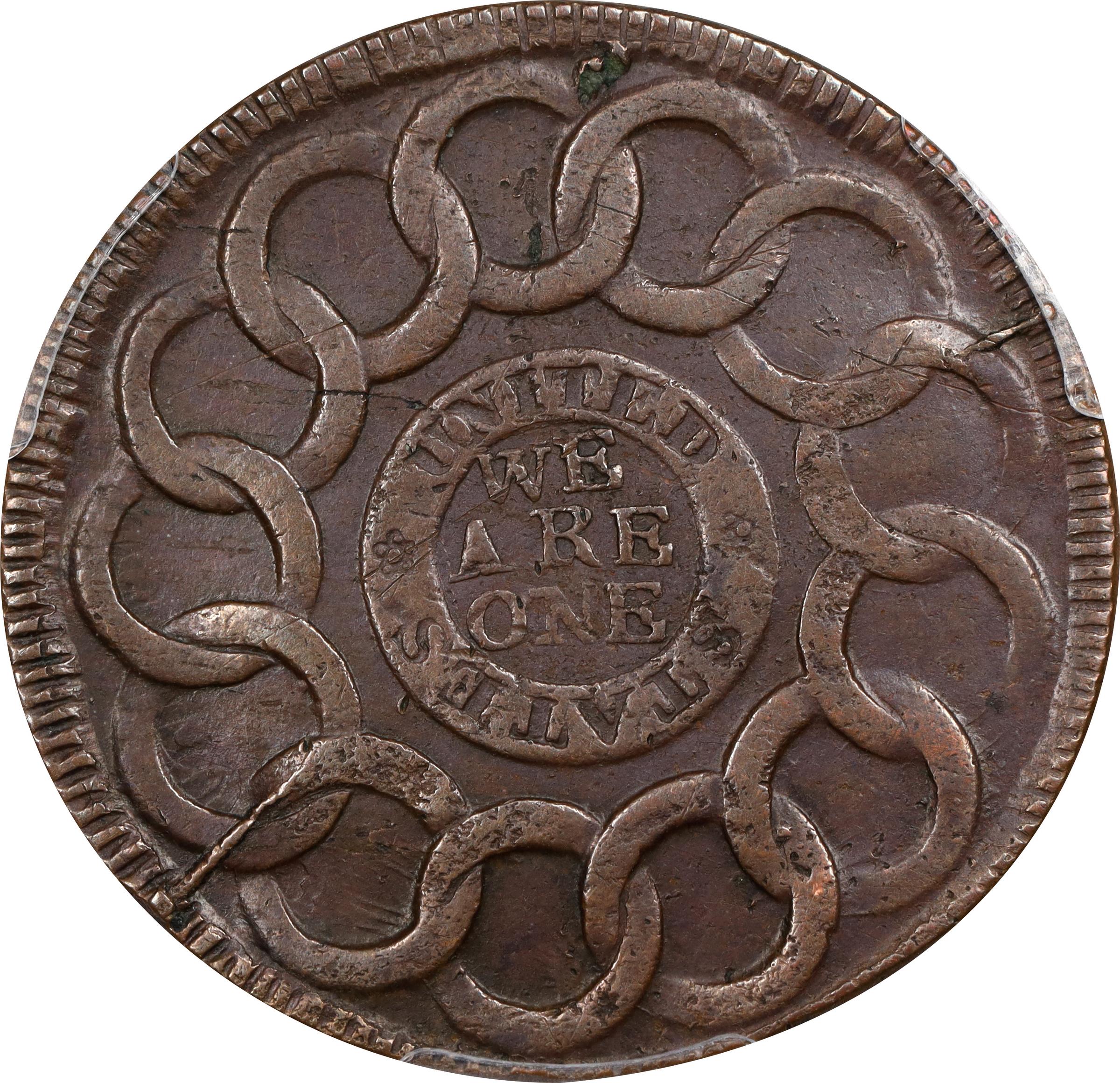 image for: 1787 Fugio Cent. Pointed Rays. Newman 11-A, W-6780. Rarity-5+. UNITED above, STATES below. AU Details--Scrape (PCGS).