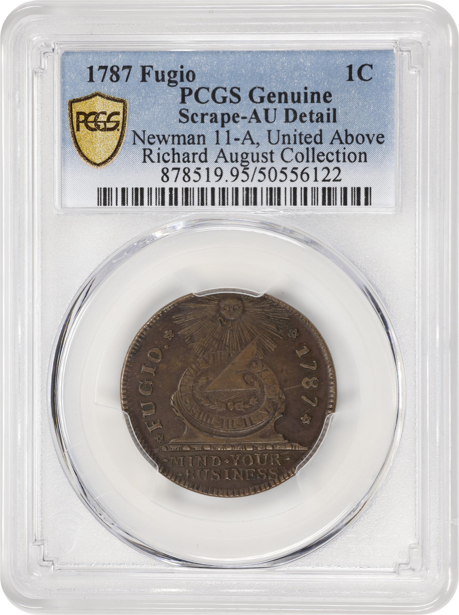 image for: 1787 Fugio Cent. Pointed Rays. Newman 11-A, W-6780. Rarity-5+. UNITED above, STATES below. AU Details--Scrape (PCGS).