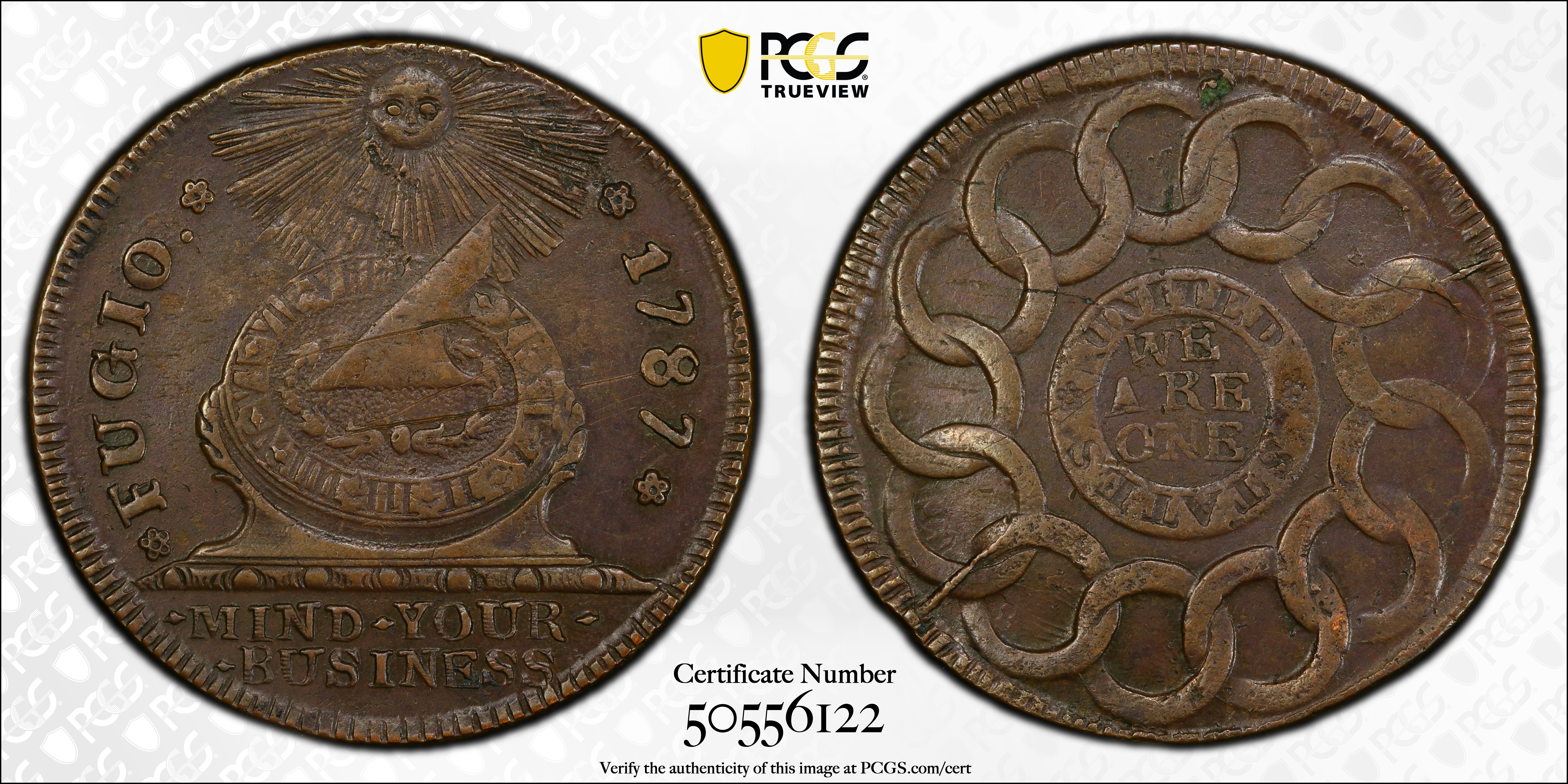image for: 1787 Fugio Cent. Pointed Rays. Newman 11-A, W-6780. Rarity-5+. UNITED above, STATES below. AU Details--Scrape (PCGS).