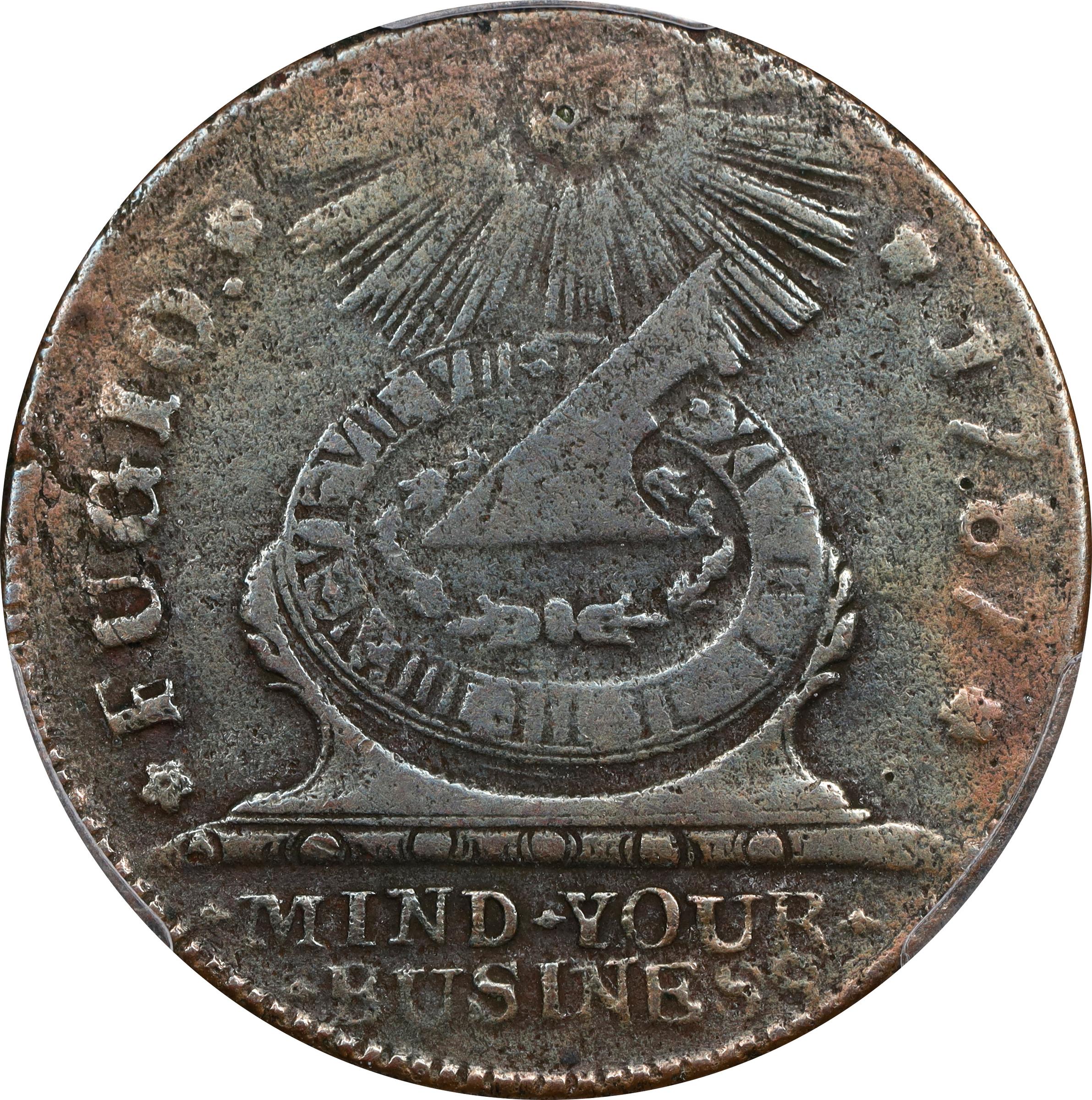 image for: 1787 Fugio Cent. Pointed Rays. Newman 12-M, W-6800. Rarity-3. STATES UNITED, 4 Cinquefoils. VF Details--Environmental Damage (PCGS).