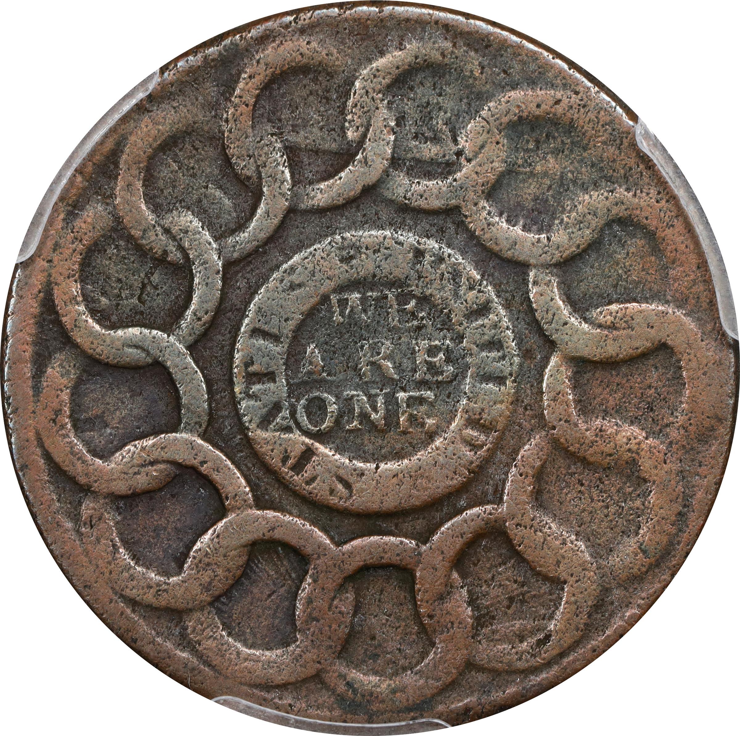 image for: 1787 Fugio Cent. Pointed Rays. Newman 12-M, W-6800. Rarity-3. STATES UNITED, 4 Cinquefoils. VF Details--Environmental Damage (PCGS).