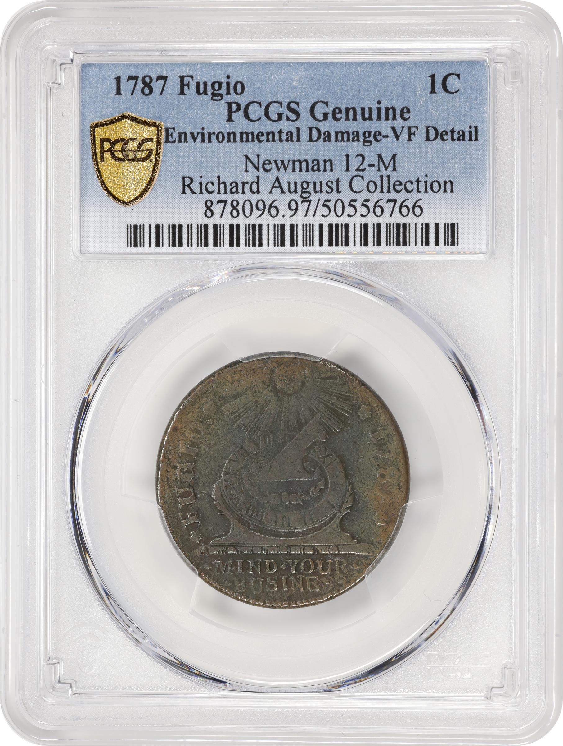 image for: 1787 Fugio Cent. Pointed Rays. Newman 12-M, W-6800. Rarity-3. STATES UNITED, 4 Cinquefoils. VF Details--Environmental Damage (PCGS).