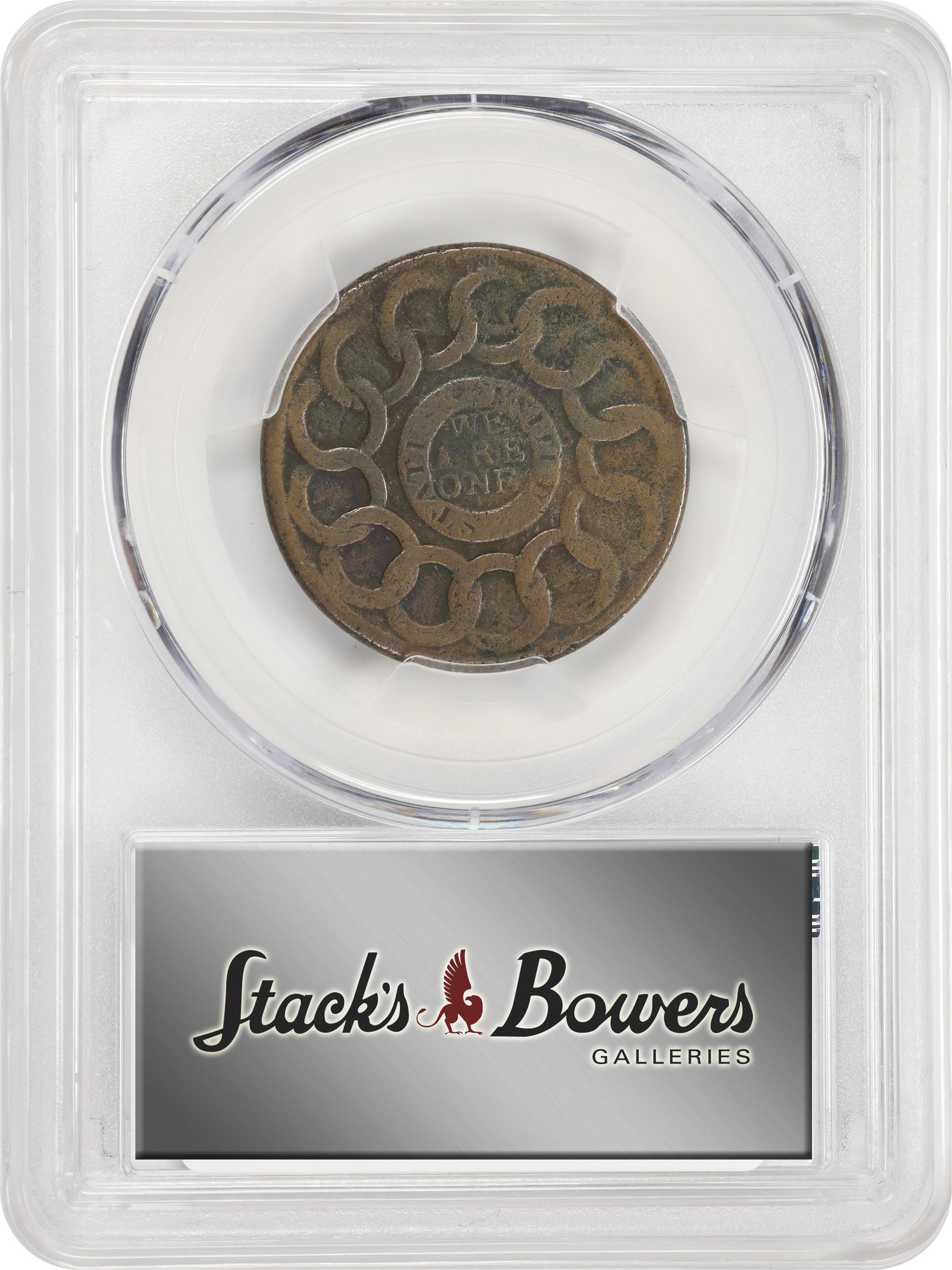 image for: 1787 Fugio Cent. Pointed Rays. Newman 12-M, W-6800. Rarity-3. STATES UNITED, 4 Cinquefoils. VF Details--Environmental Damage (PCGS).