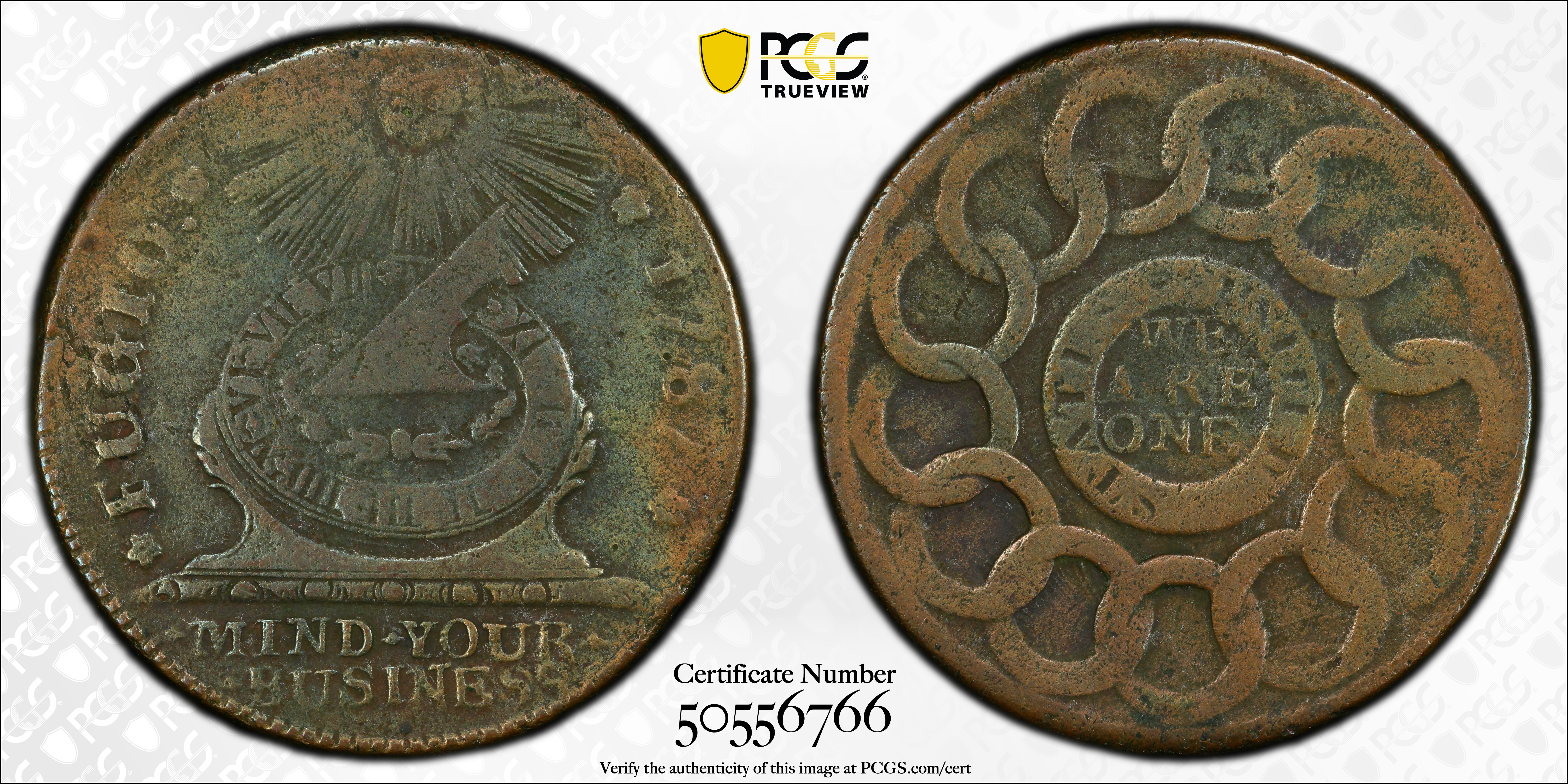 image for: 1787 Fugio Cent. Pointed Rays. Newman 12-M, W-6800. Rarity-3. STATES UNITED, 4 Cinquefoils. VF Details--Environmental Damage (PCGS).
