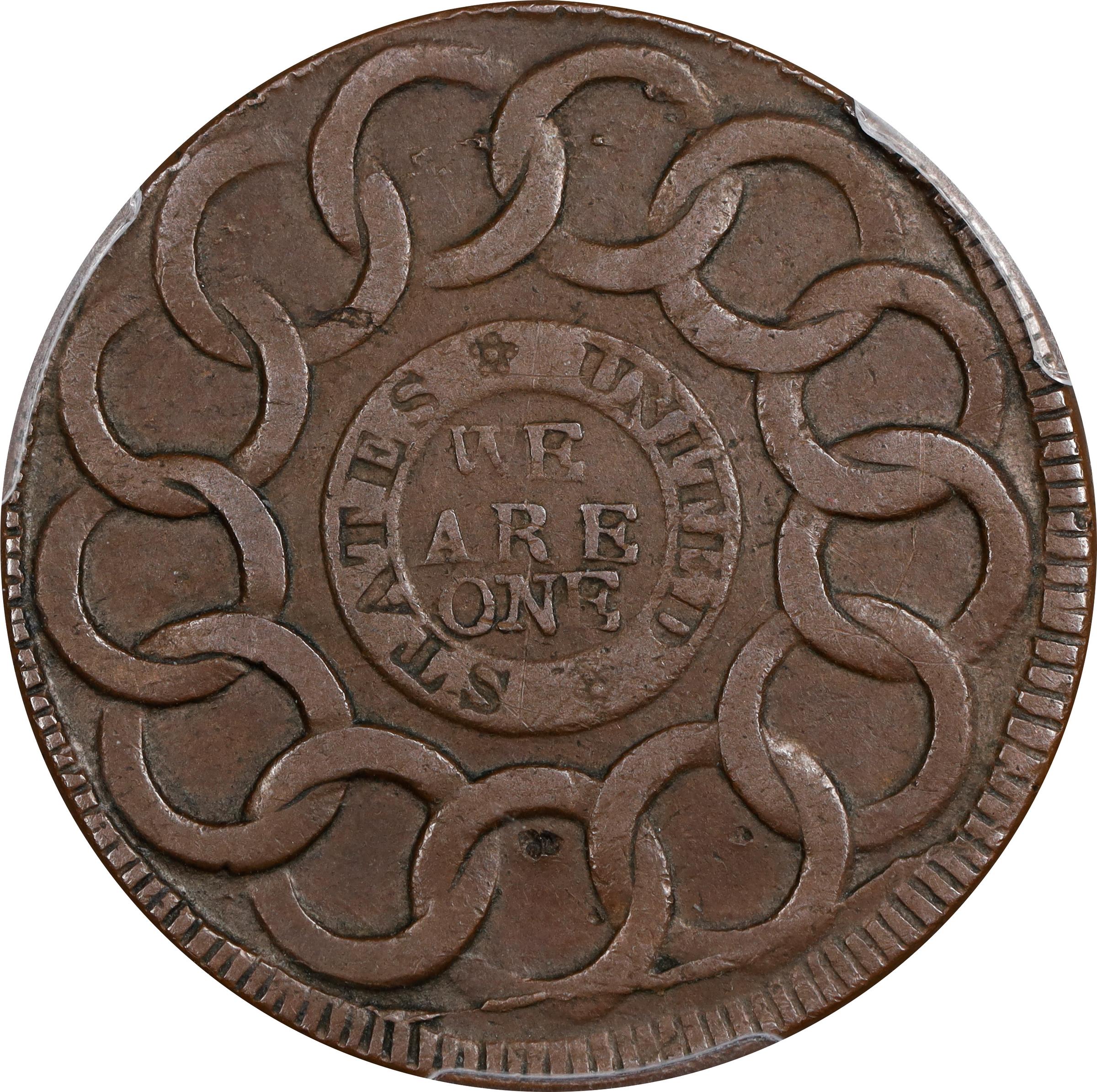 image for: 1787 Fugio Cent. Pointed Rays. Newman 13-KK, W-6860. Rarity-7-. STATES UNITED, 4 Cinquefoils. EF Details--Graffiti (PCGS).