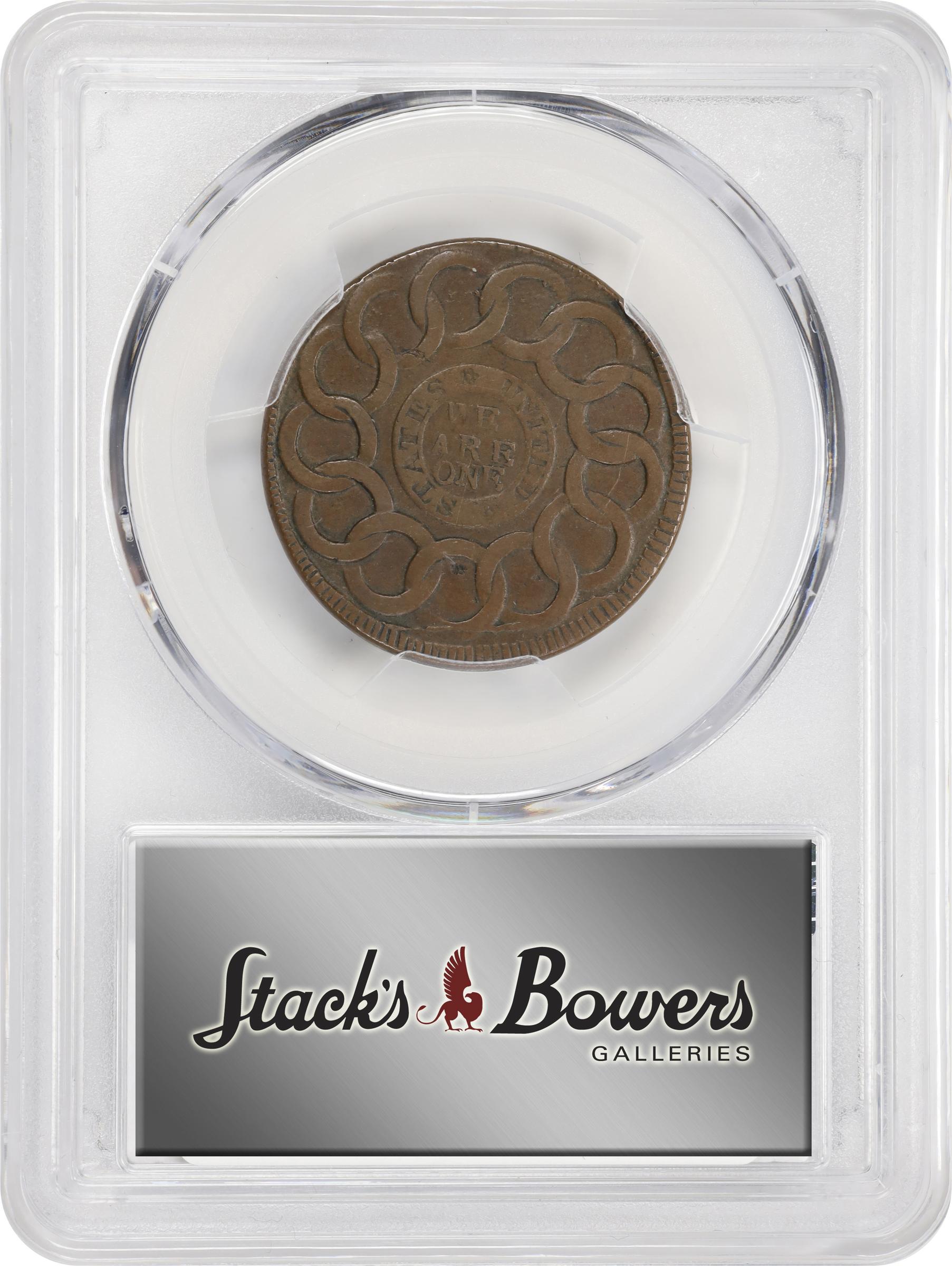 image for: 1787 Fugio Cent. Pointed Rays. Newman 13-KK, W-6860. Rarity-7-. STATES UNITED, 4 Cinquefoils. EF Details--Graffiti (PCGS).