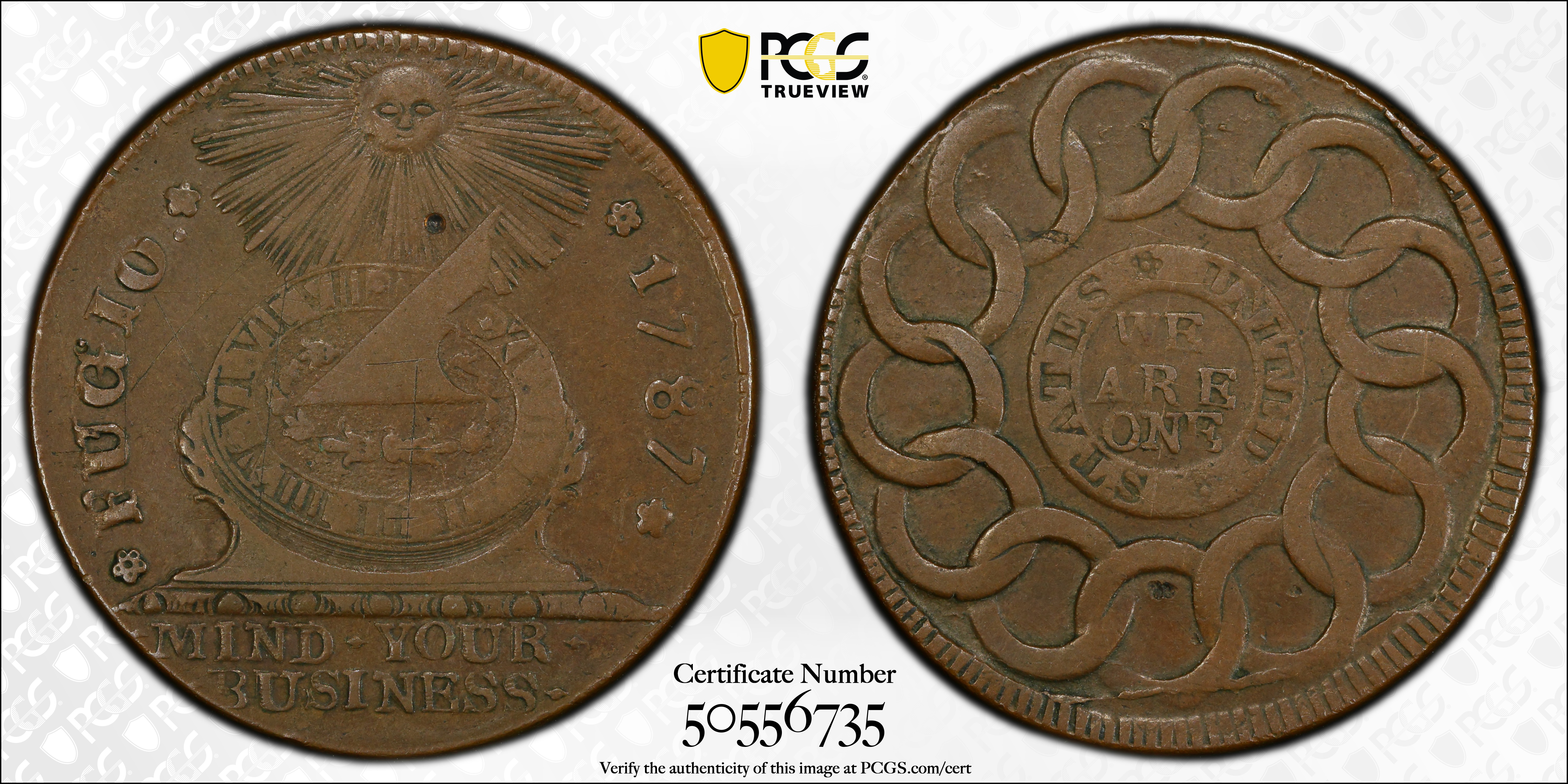 image for: 1787 Fugio Cent. Pointed Rays. Newman 13-KK, W-6860. Rarity-7-. STATES UNITED, 4 Cinquefoils. EF Details--Graffiti (PCGS).