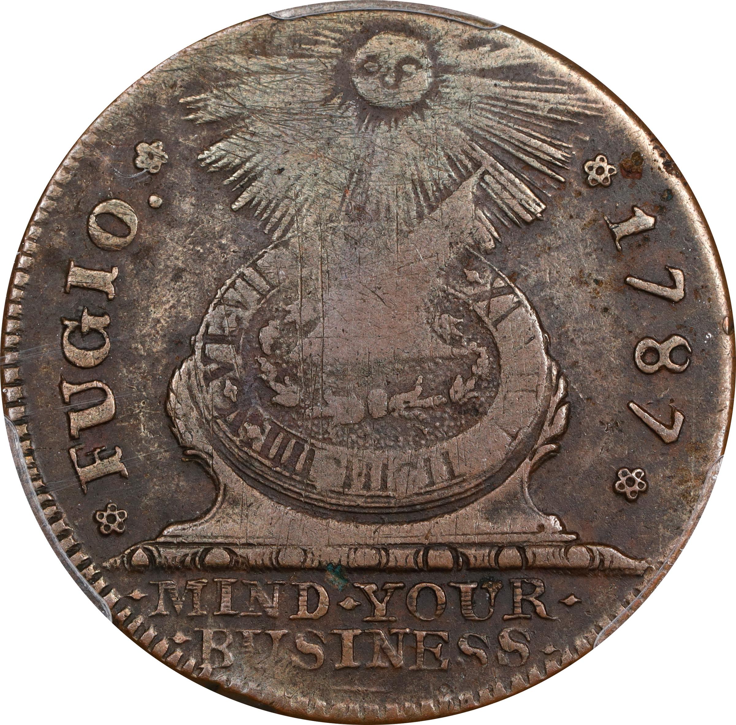 image for: 1787 Fugio Cent. Pointed Rays. Newman 14-H, W-6870. Rarity-7. UNITED STATES, 4 Cinquefoils. VF Details--Scratch (PCGS).