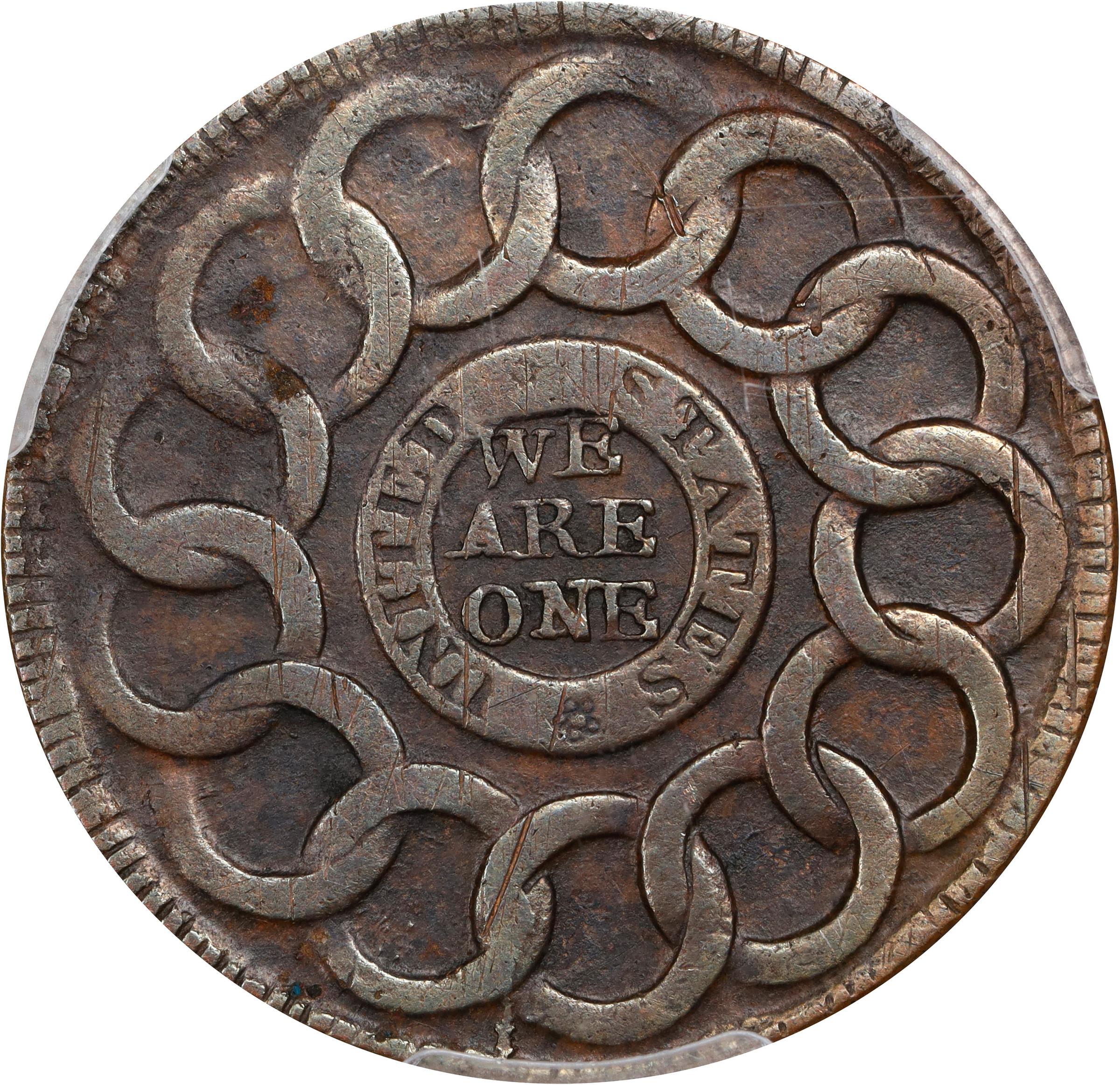 image for: 1787 Fugio Cent. Pointed Rays. Newman 14-H, W-6870. Rarity-7. UNITED STATES, 4 Cinquefoils. VF Details--Scratch (PCGS).