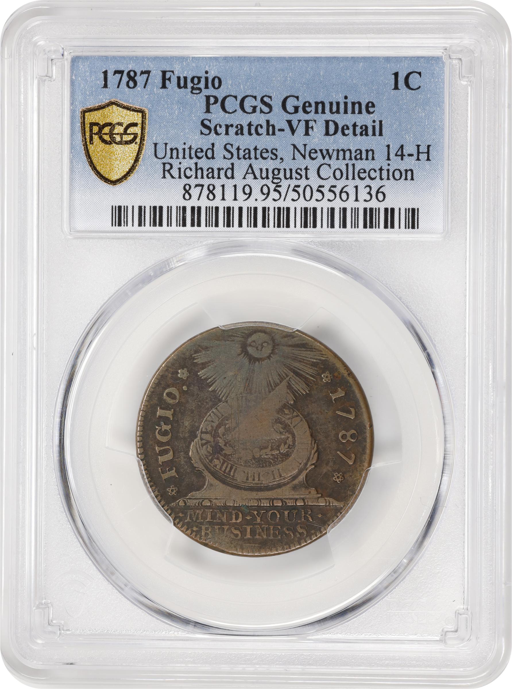 image for: 1787 Fugio Cent. Pointed Rays. Newman 14-H, W-6870. Rarity-7. UNITED STATES, 4 Cinquefoils. VF Details--Scratch (PCGS).