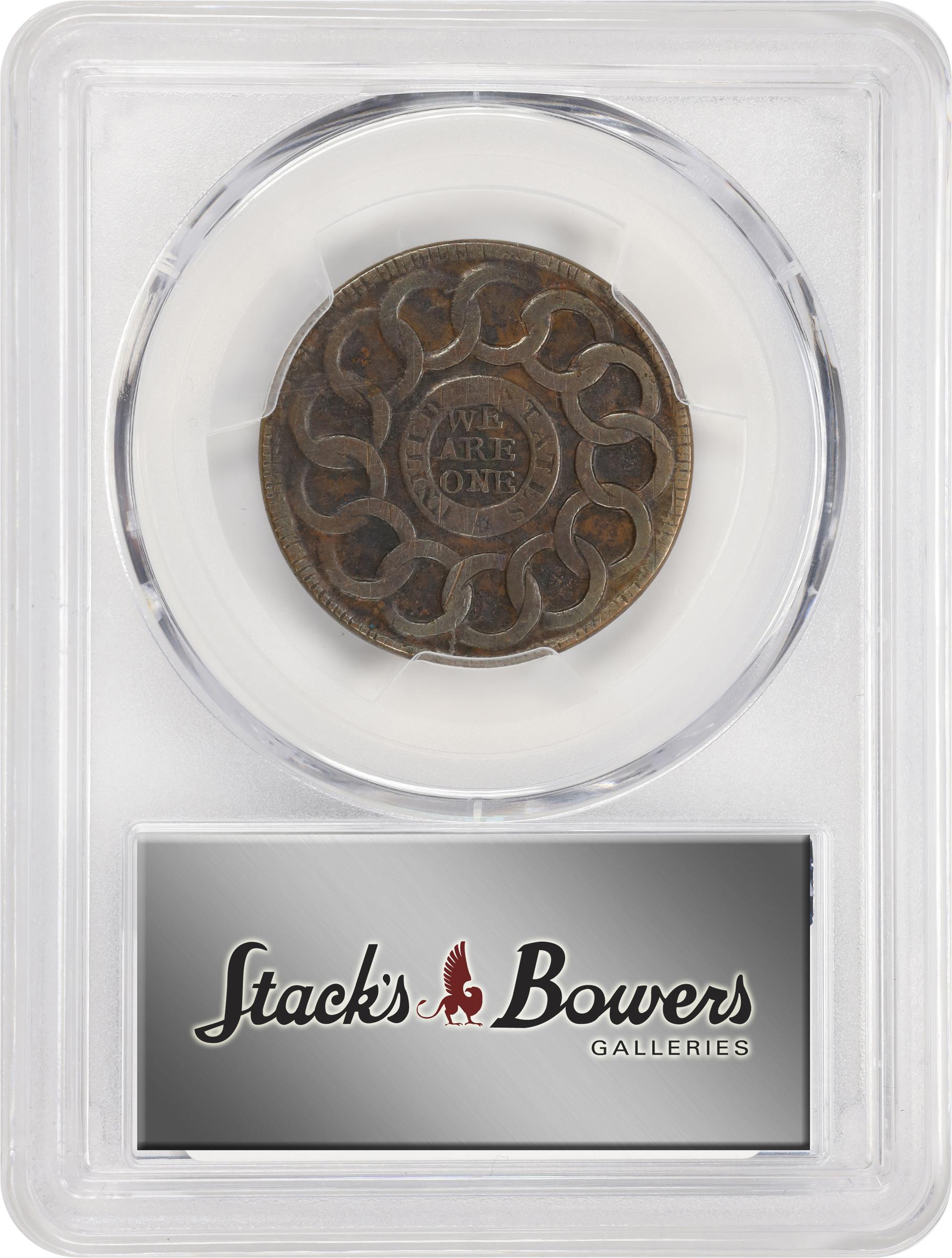 image for: 1787 Fugio Cent. Pointed Rays. Newman 14-H, W-6870. Rarity-7. UNITED STATES, 4 Cinquefoils. VF Details--Scratch (PCGS).