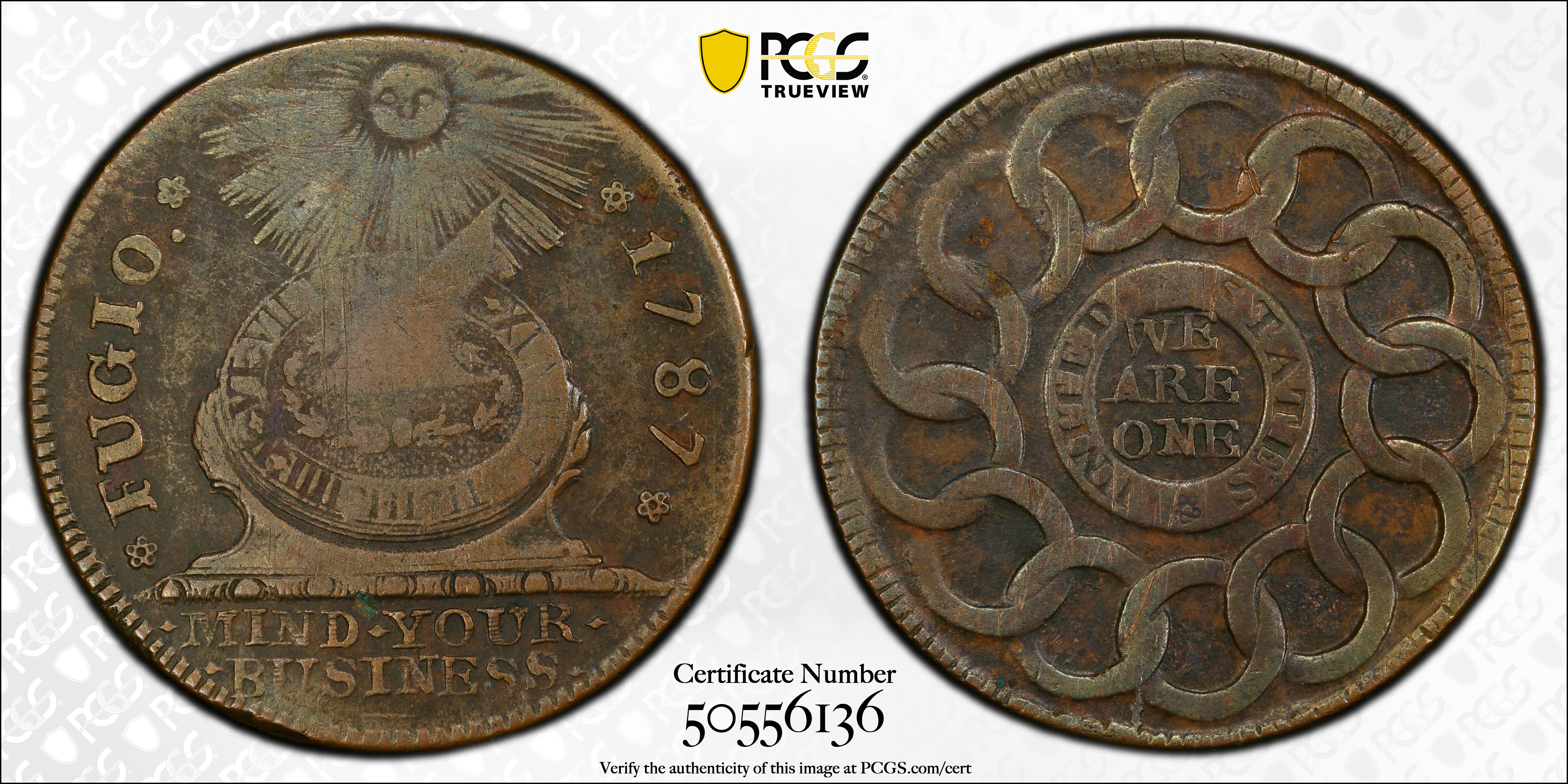 image for: 1787 Fugio Cent. Pointed Rays. Newman 14-H, W-6870. Rarity-7. UNITED STATES, 4 Cinquefoils. VF Details--Scratch (PCGS).